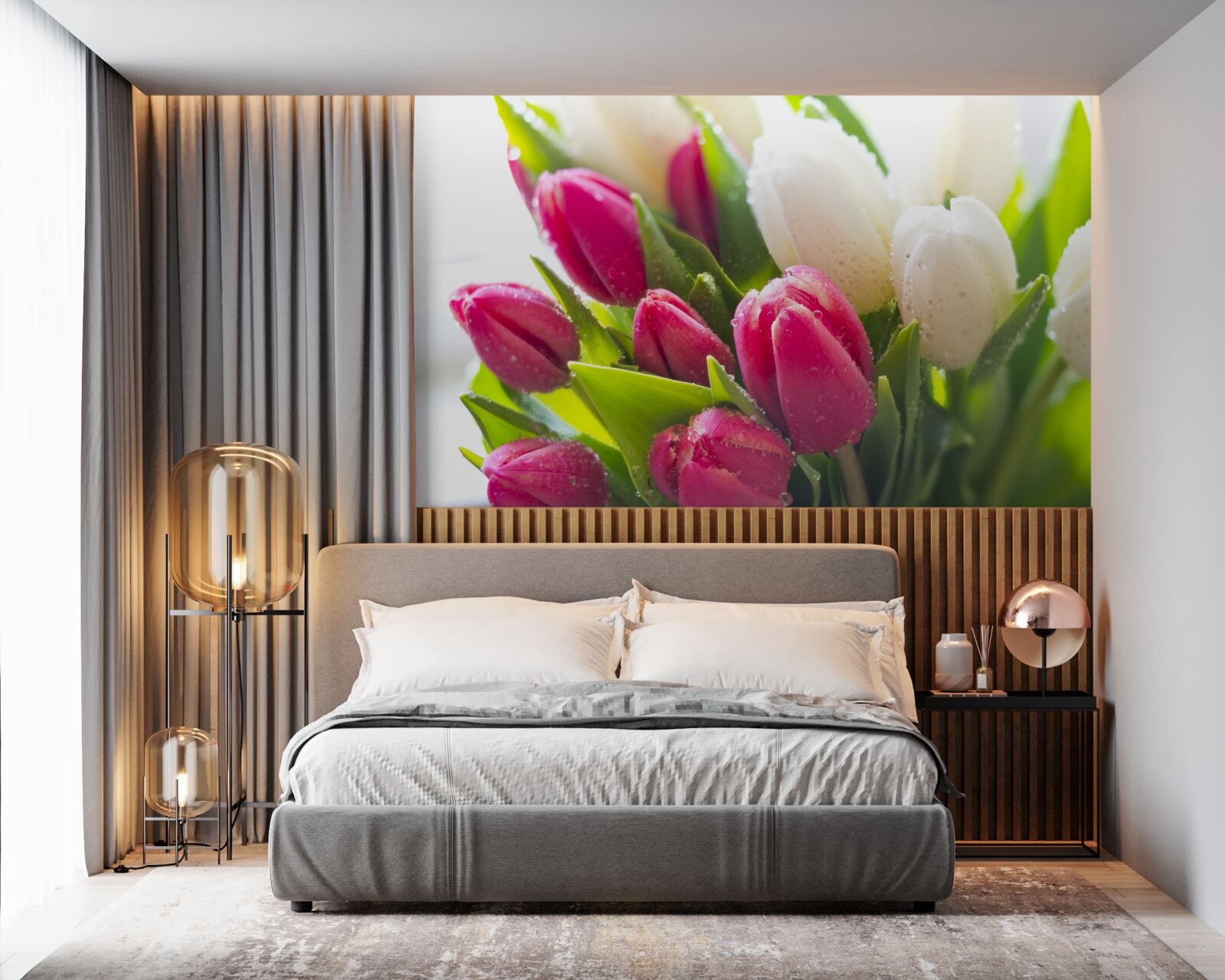 Фотошпалери композиція з білих і лавандових тюльпанів, вкритих росою