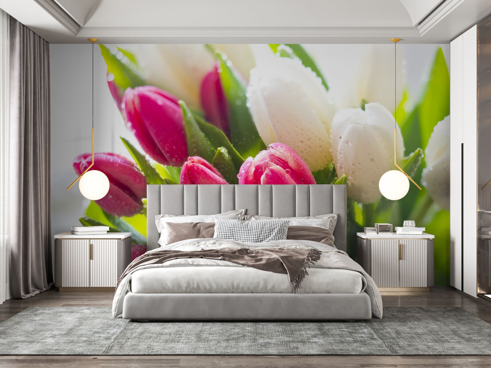 Фотошпалери композиція з білих і лавандових тюльпанів, вкритих росою