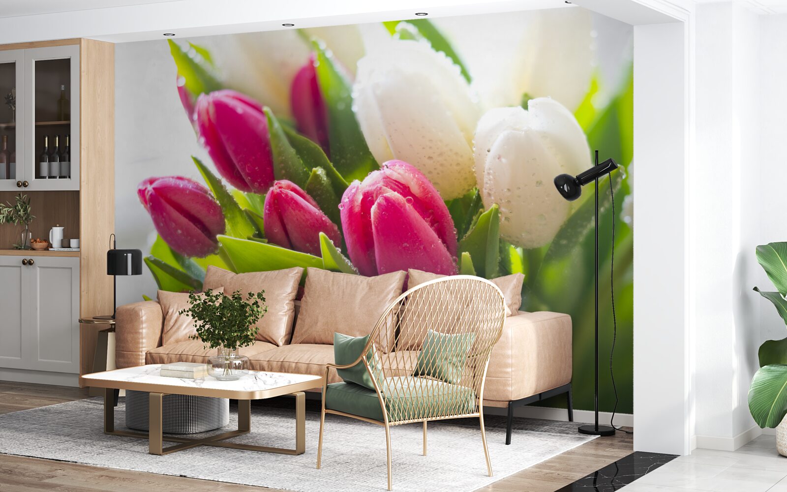 Фотошпалери композиція з білих і лавандових тюльпанів, вкритих росою