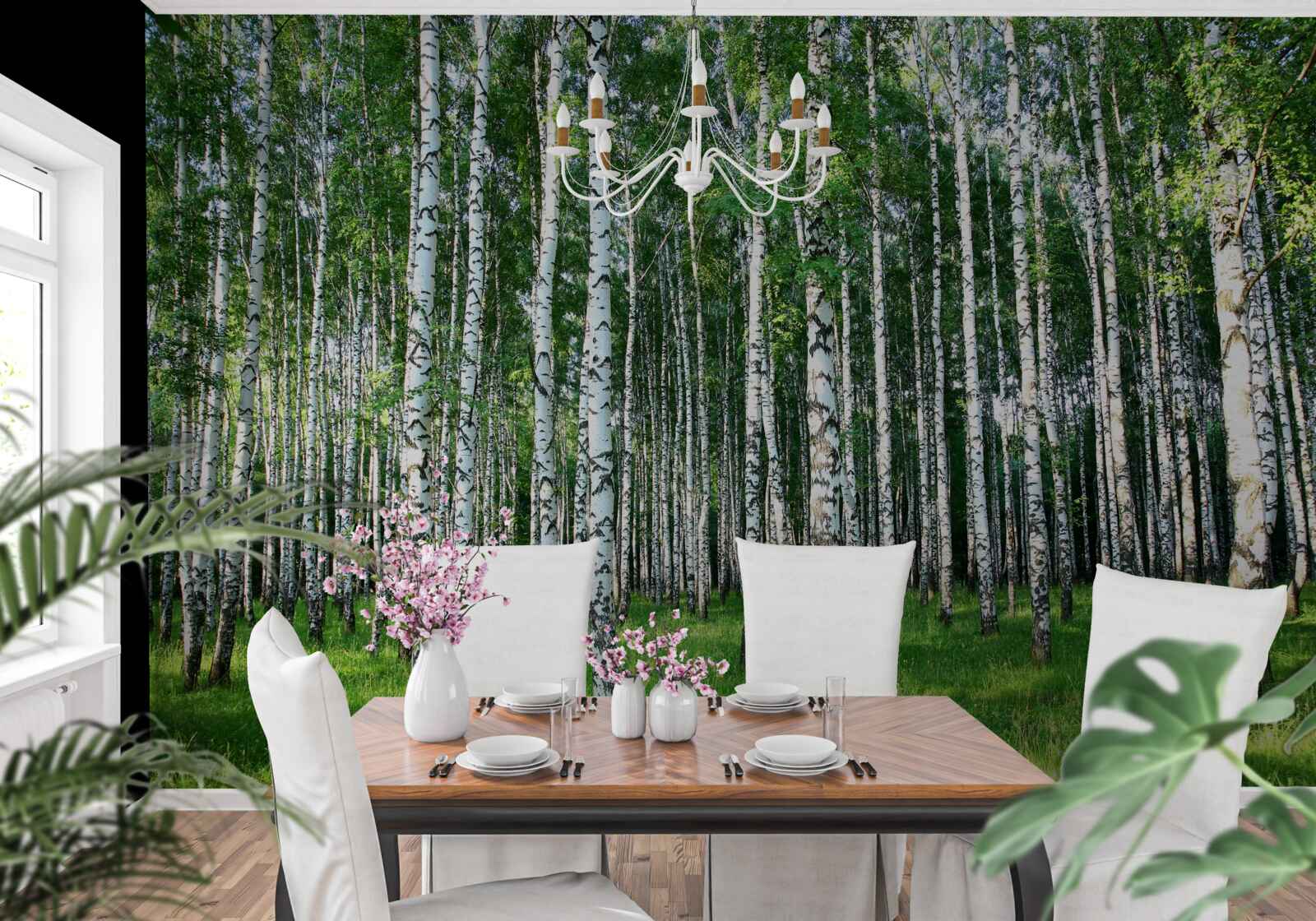 Фотошпалери стрункі берези в літньому оздобленні