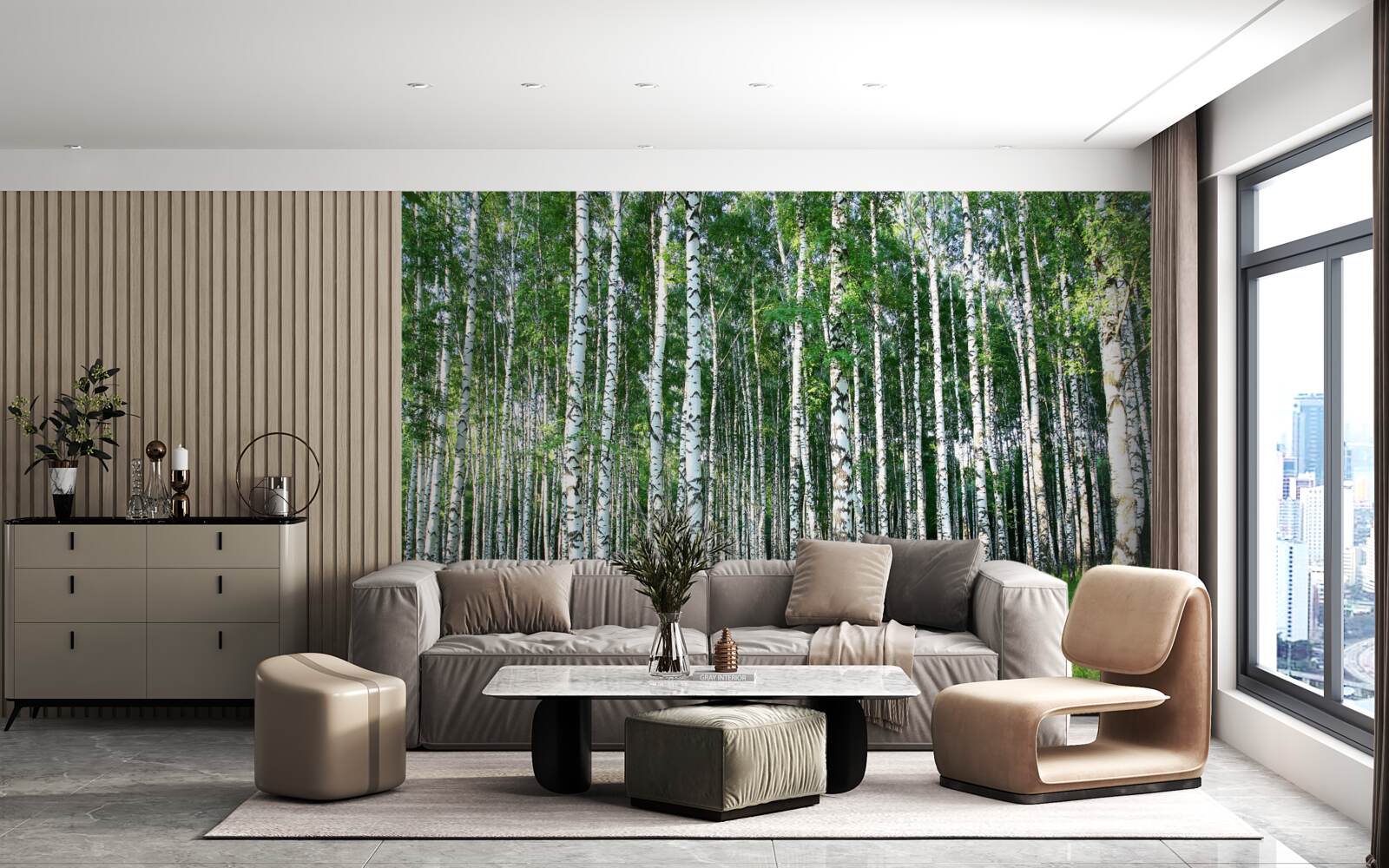 Фотошпалери стрункі берези в літньому оздобленні