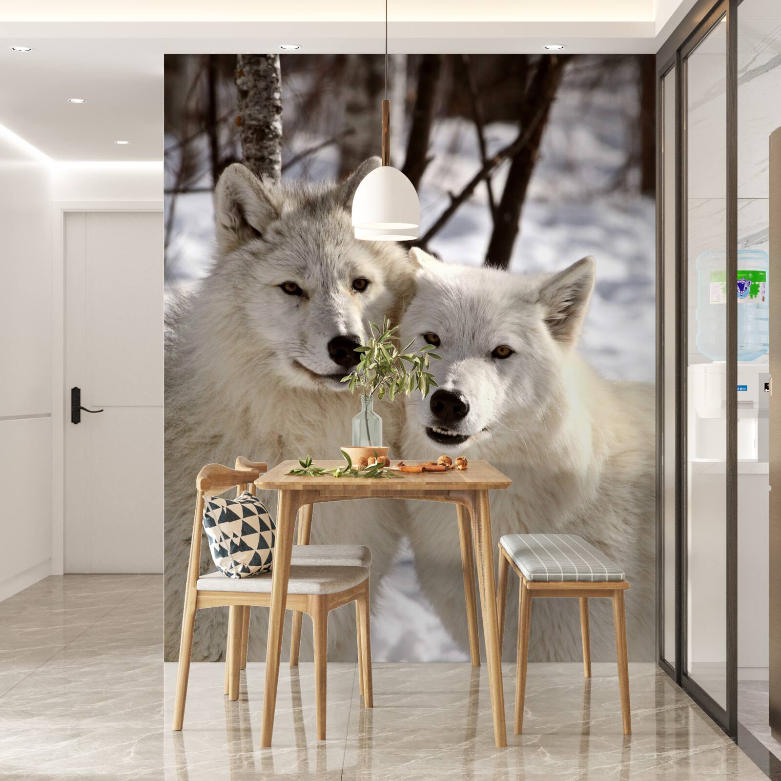 Фотошпалери зграя білих вовків у засніженому лісі