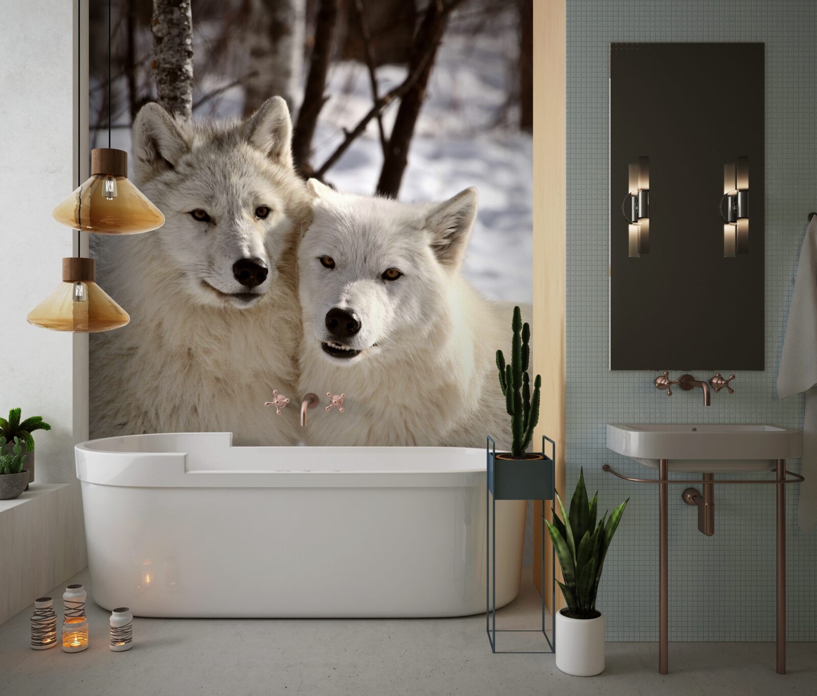 Фотошпалери зграя білих вовків у засніженому лісі