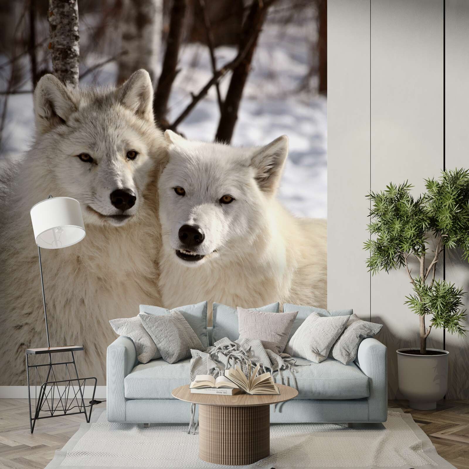 Фотошпалери зграя білих вовків у засніженому лісі