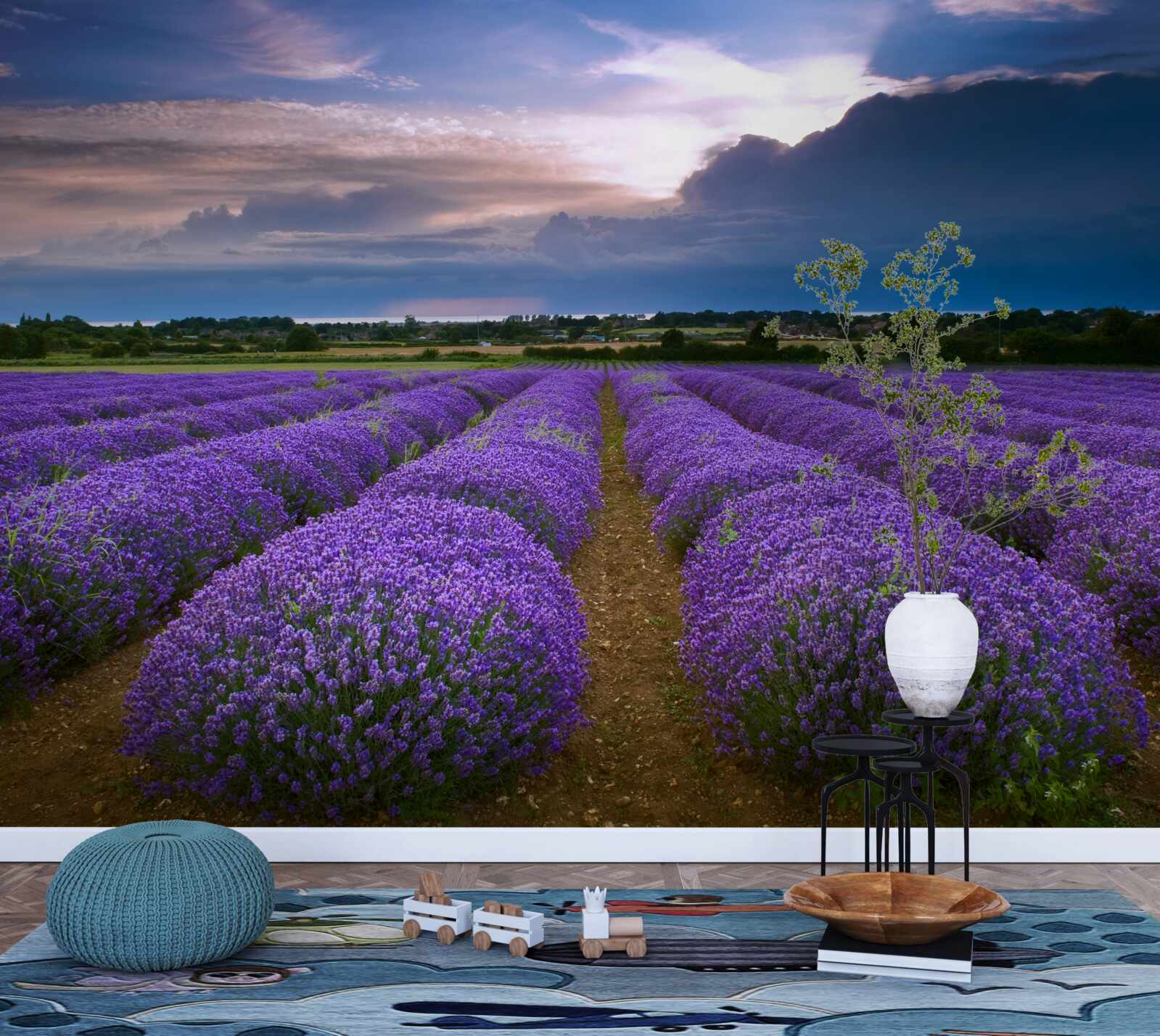 Фотошпалери на полі ростуть кущі запашної лаванди