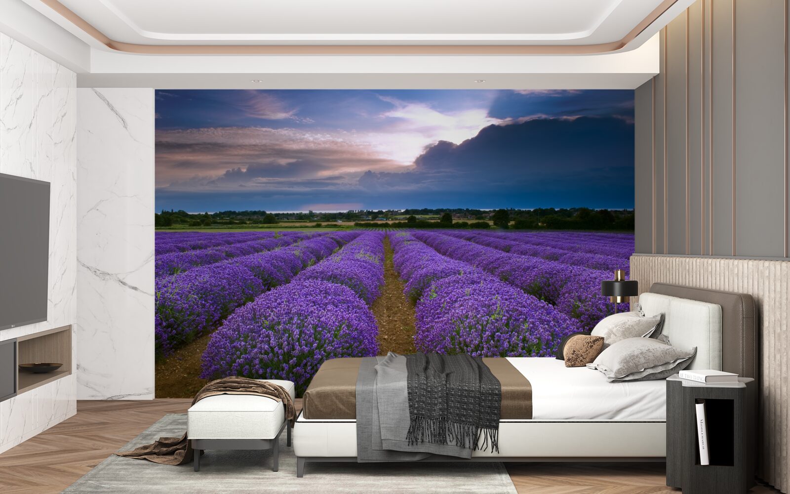 Фотошпалери на полі ростуть кущі запашної лаванди