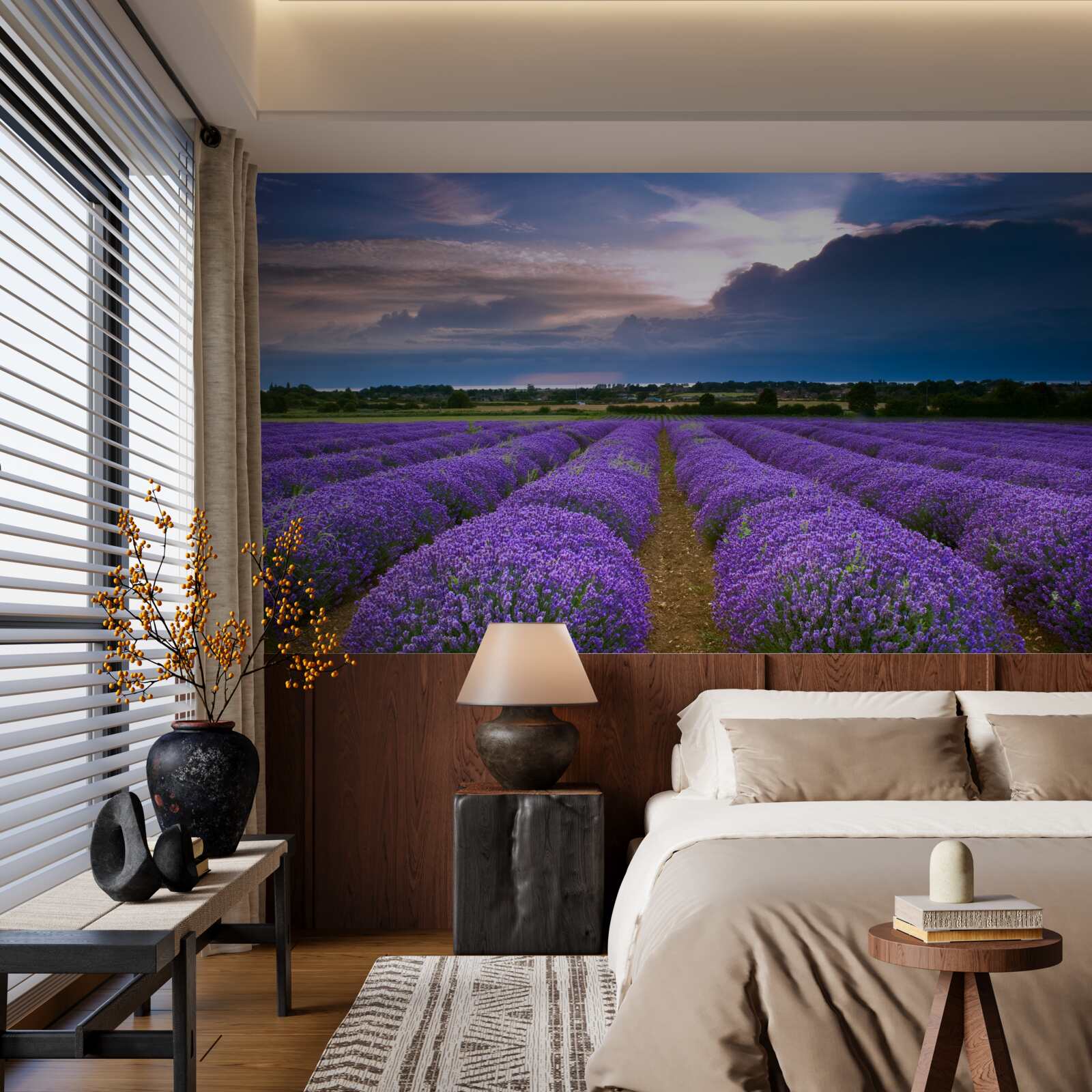 Фотошпалери на полі ростуть кущі запашної лаванди