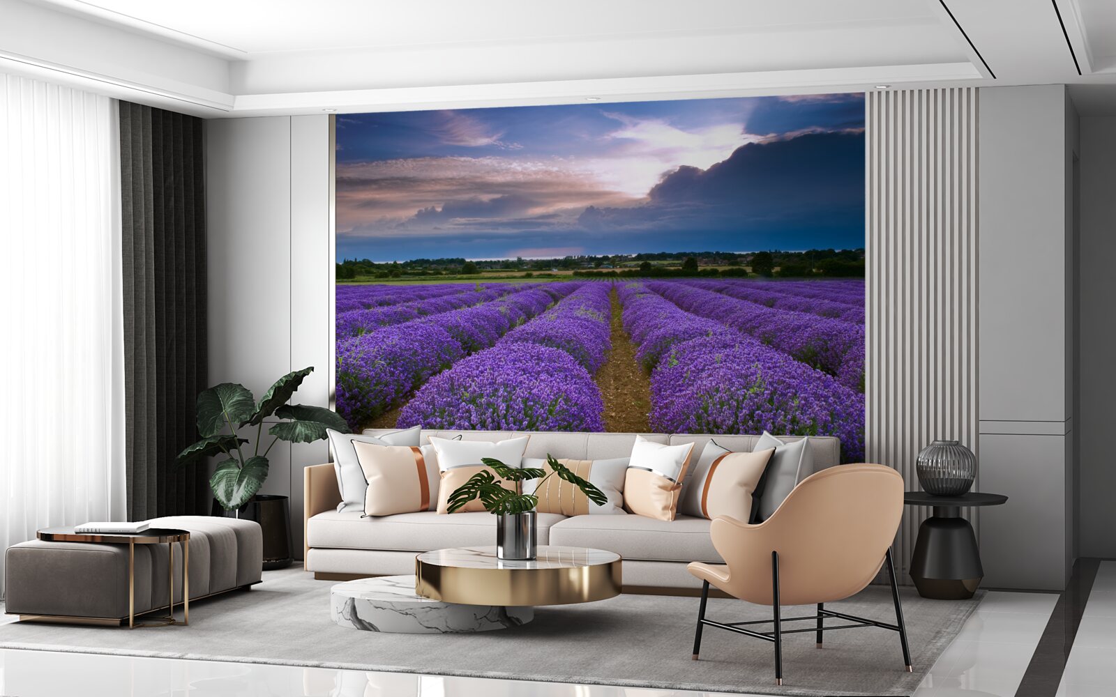 Фотошпалери на полі ростуть кущі запашної лаванди