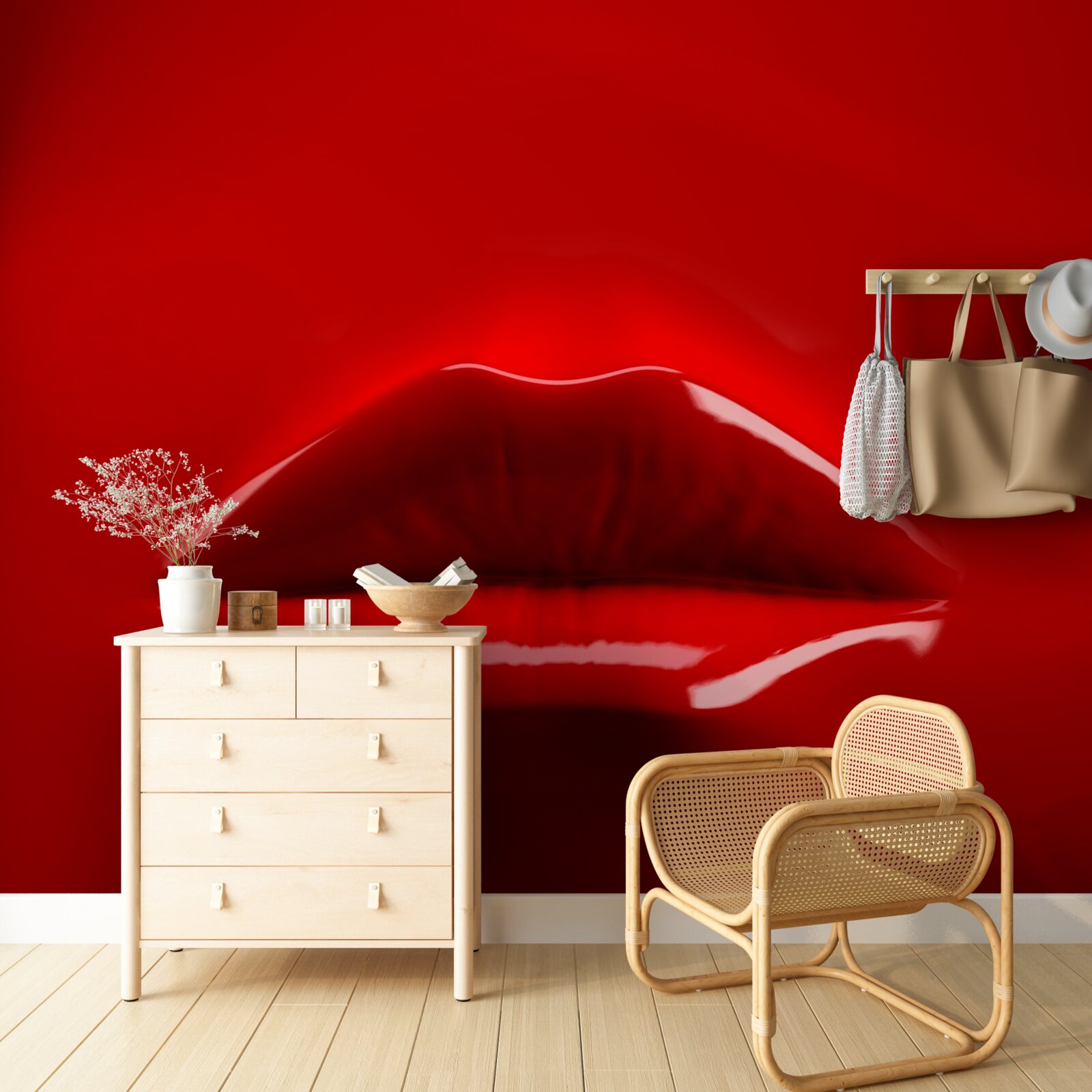 Фотошпалери червоні, повні губи виділяються на червоному тлі