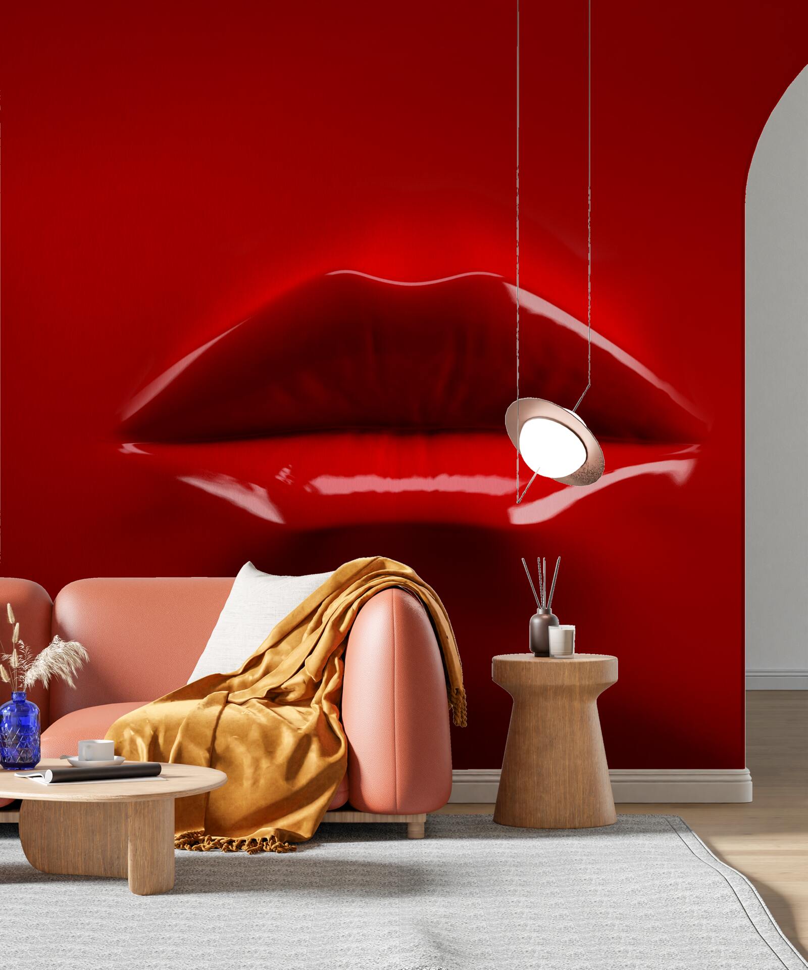 Фотошпалери червоні, повні губи виділяються на червоному тлі