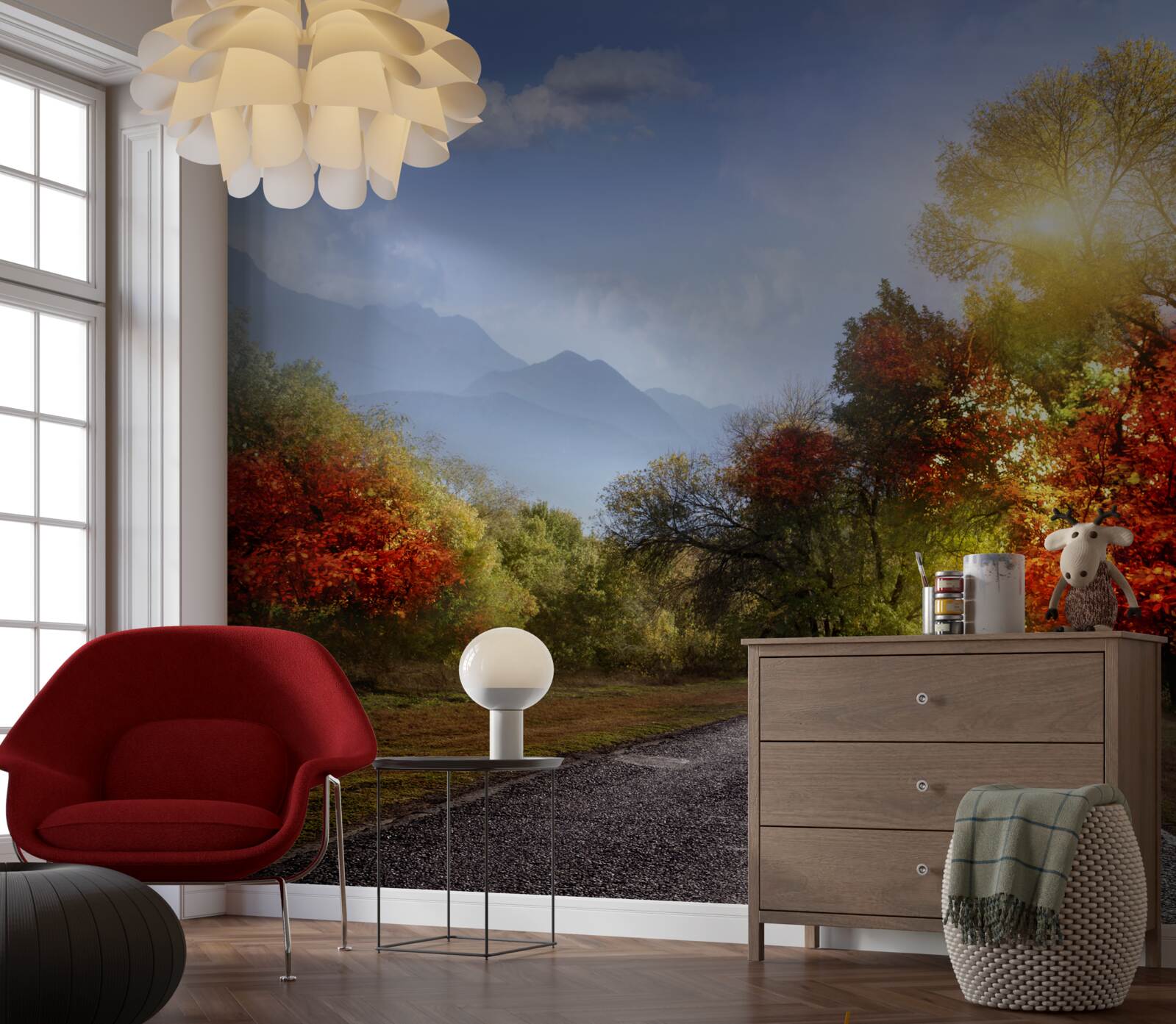 Фотошпалери осіння лісова дорога під дощем