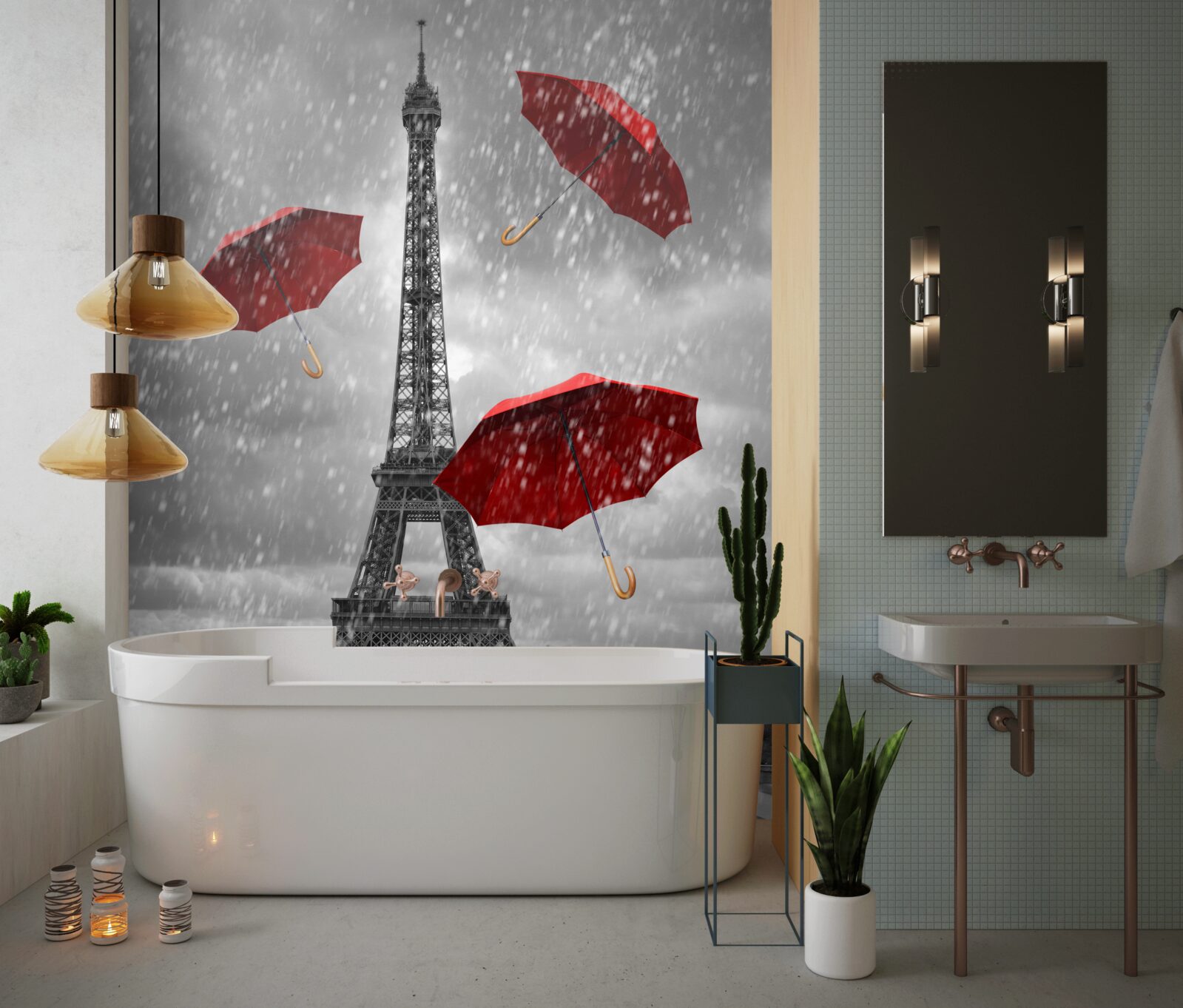 Фотошпалери червоні парасольки на площі перед вежею