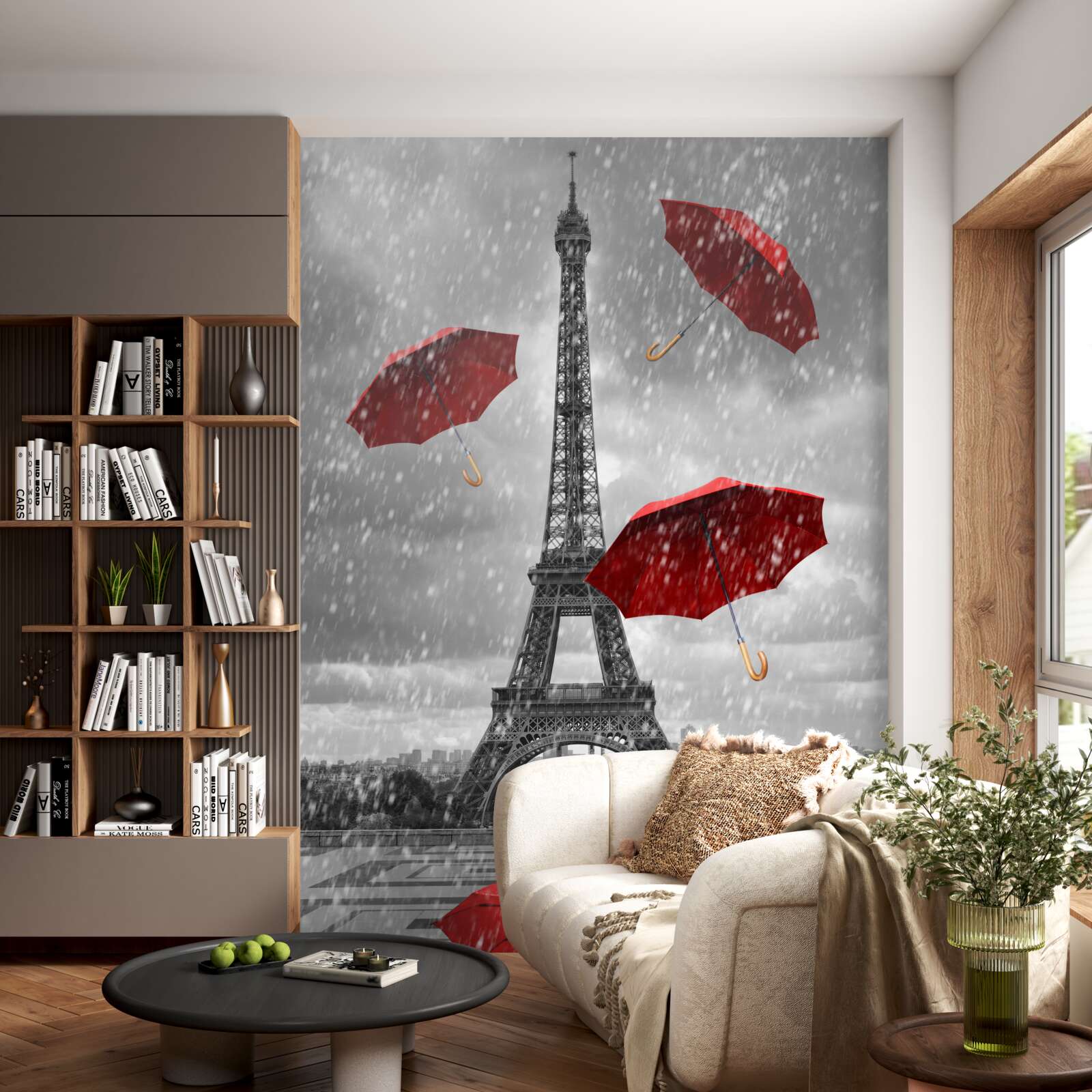 Фотошпалери червоні парасольки на площі перед вежею