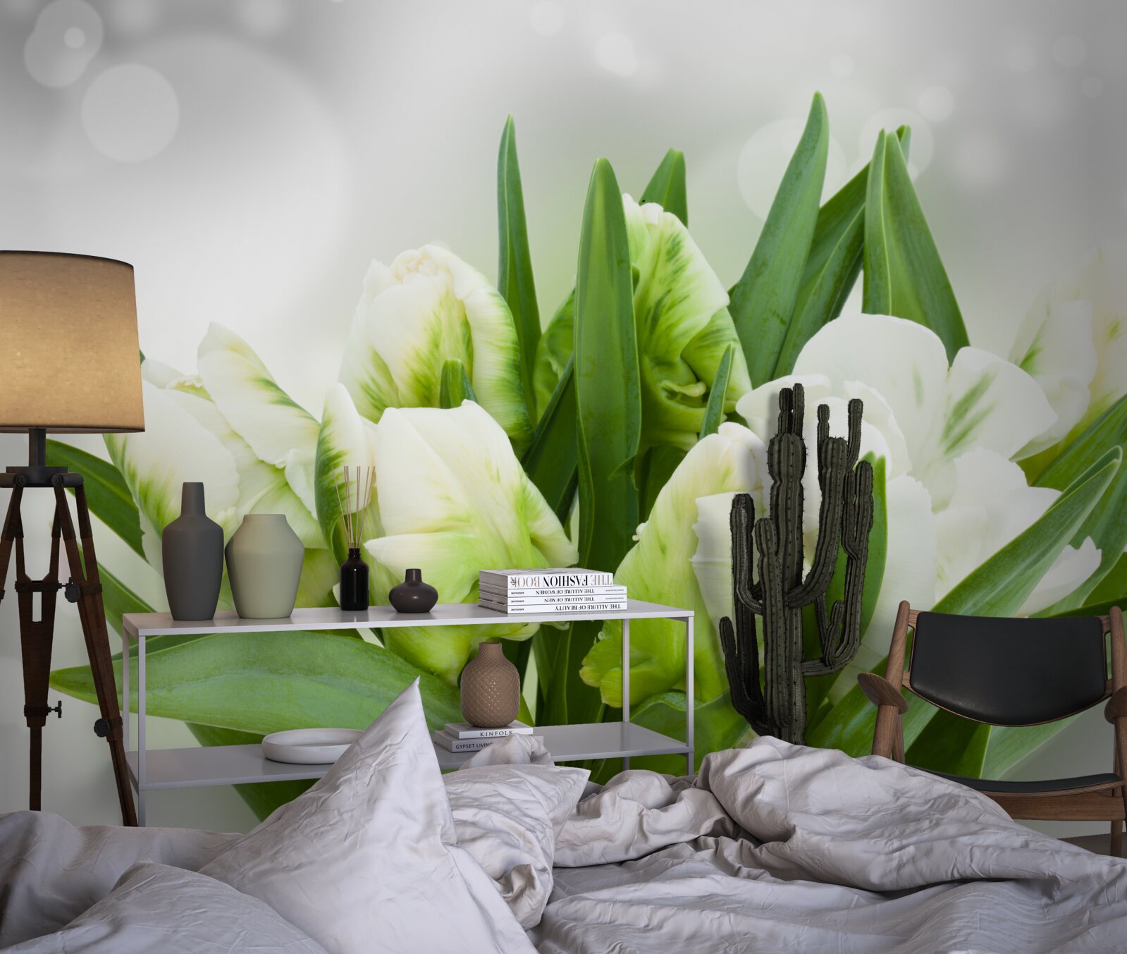 Фотошпалери композиція з тюльпанів у відтінках білого та зеленого