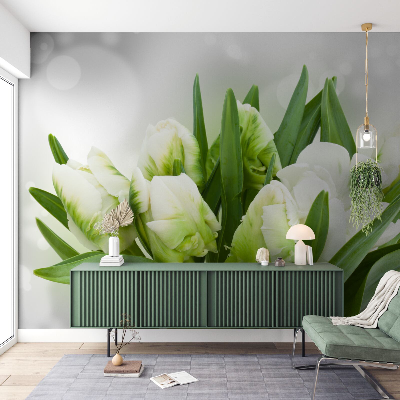 Фотошпалери композиція з тюльпанів у відтінках білого та зеленого