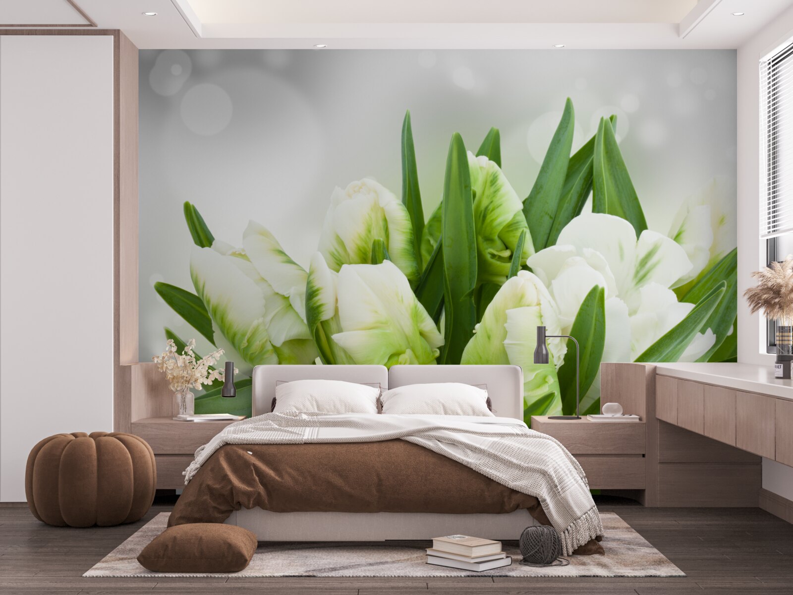 Фотошпалери композиція з тюльпанів у відтінках білого та зеленого