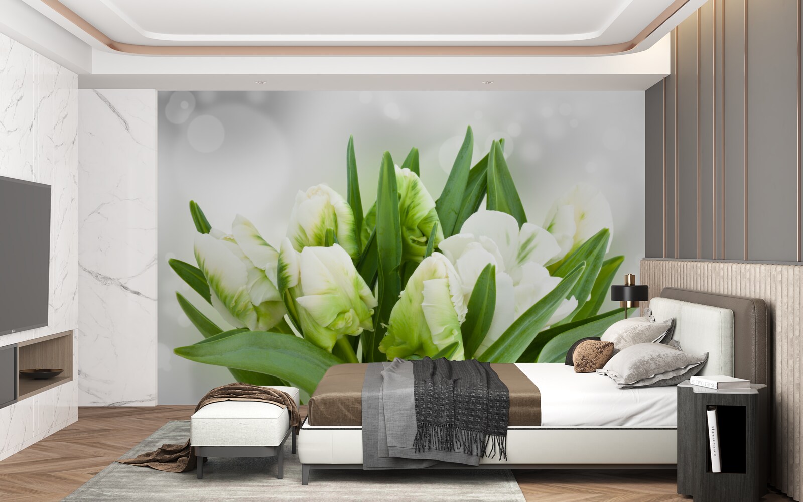 Фотошпалери композиція з тюльпанів у відтінках білого та зеленого