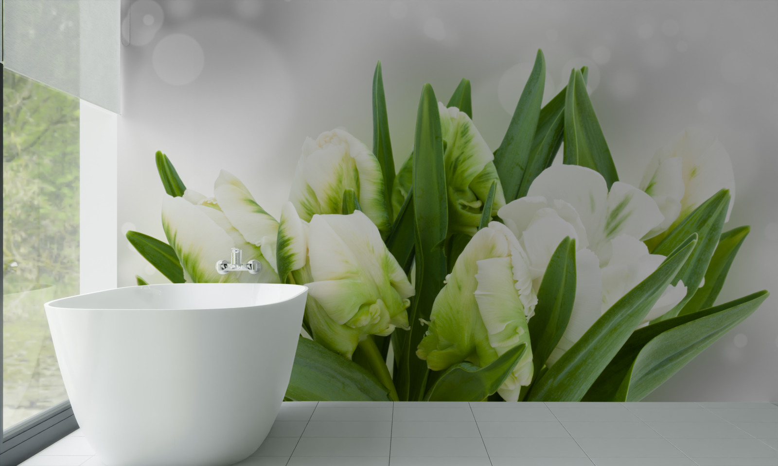 Фотошпалери композиція з тюльпанів у відтінках білого та зеленого
