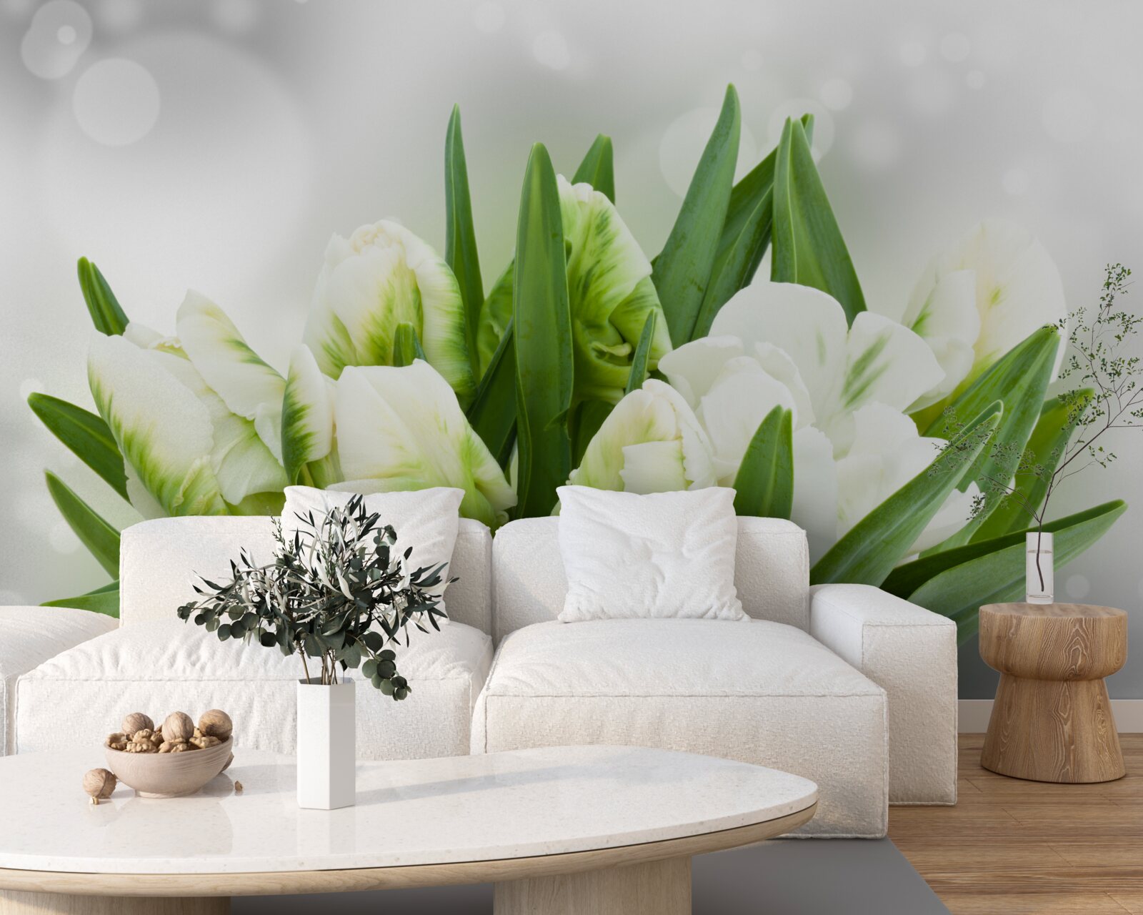 Фотошпалери композиція з тюльпанів у відтінках білого та зеленого