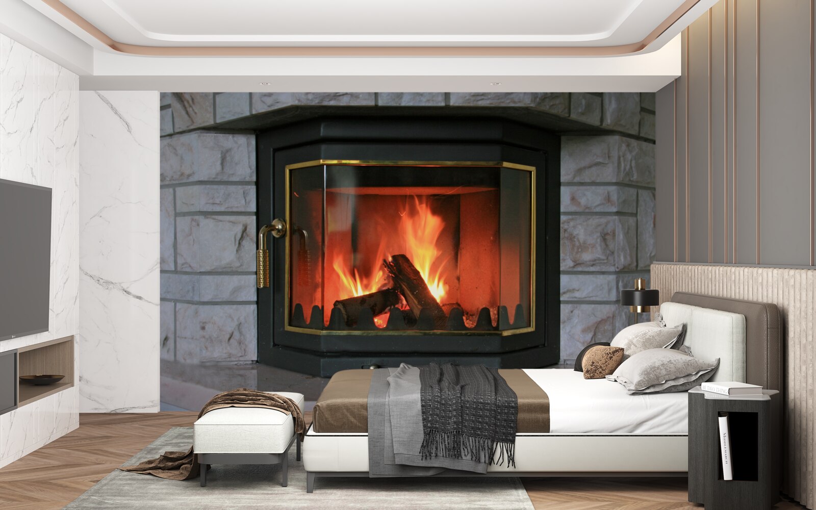 Фотошпалери камін у кам'яній стіні