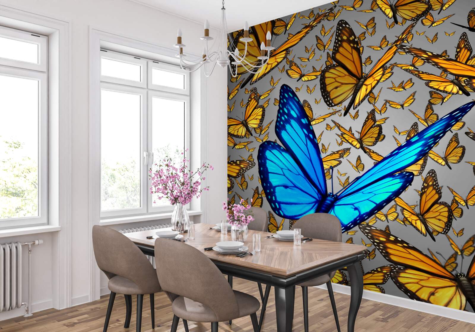 Фотошпалери синій метелик чітко виділяється серед жовтих