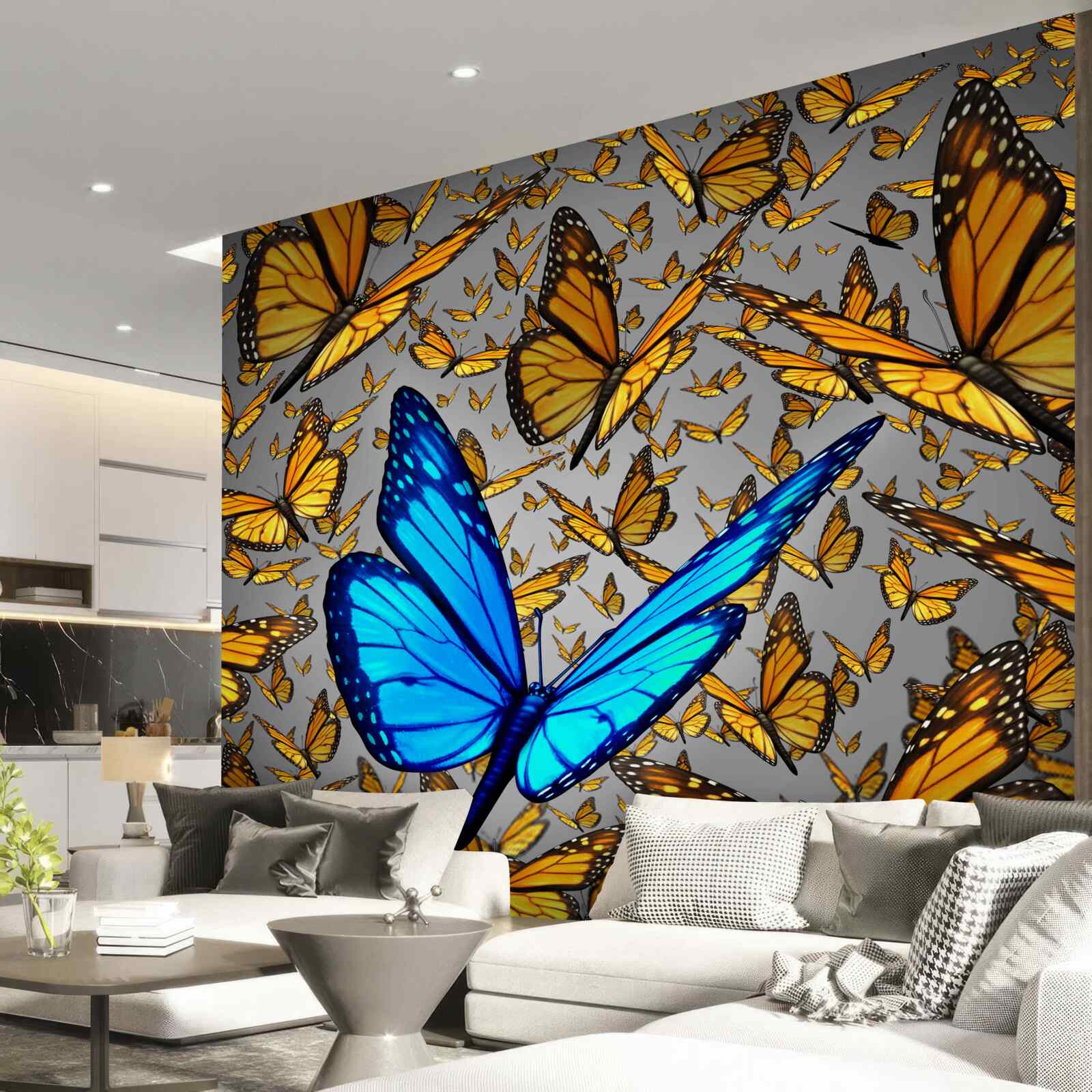 Фотошпалери синій метелик чітко виділяється серед жовтих