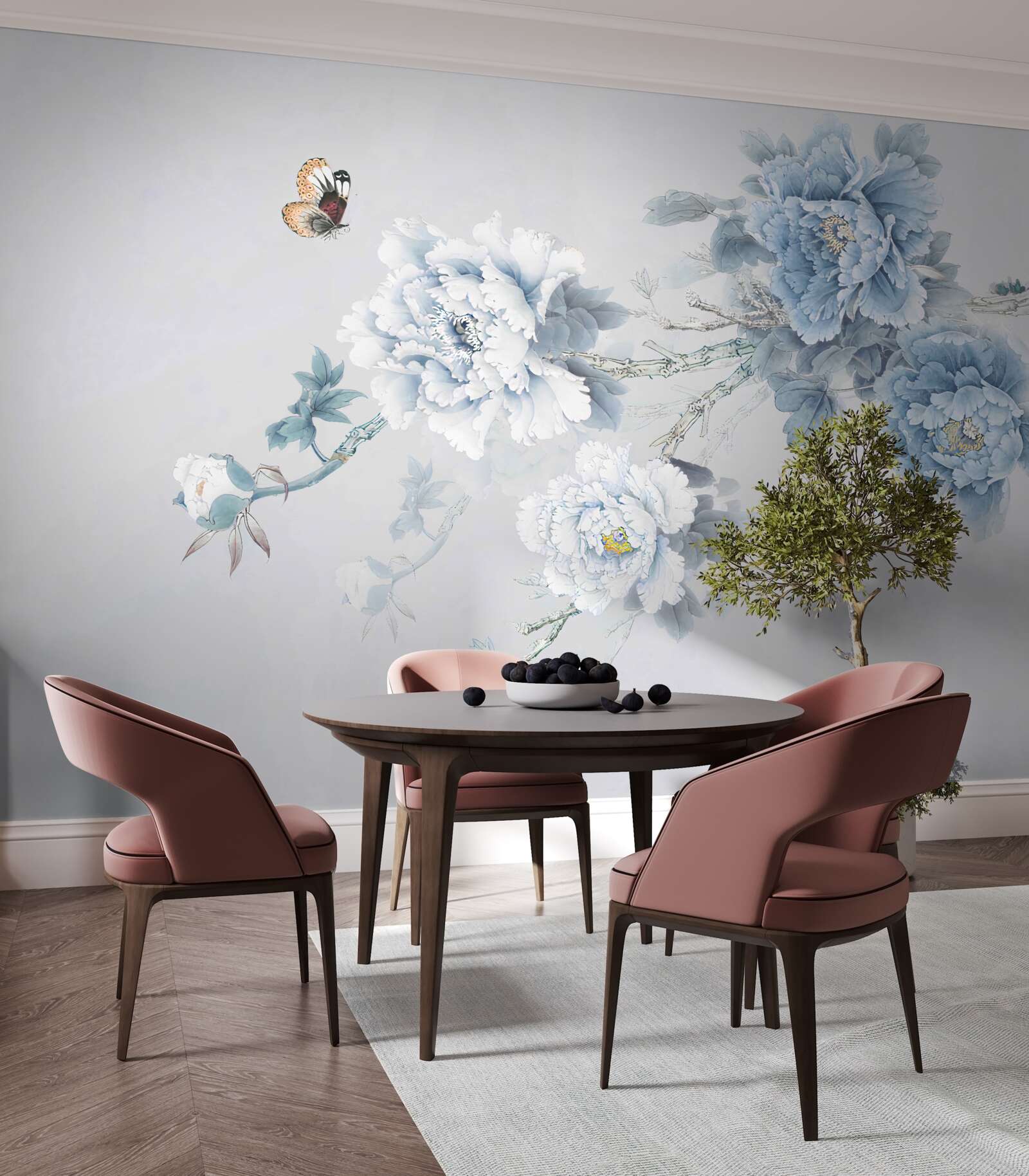 Фотошпалери метелик сидить біля гілок розквітлих квітів