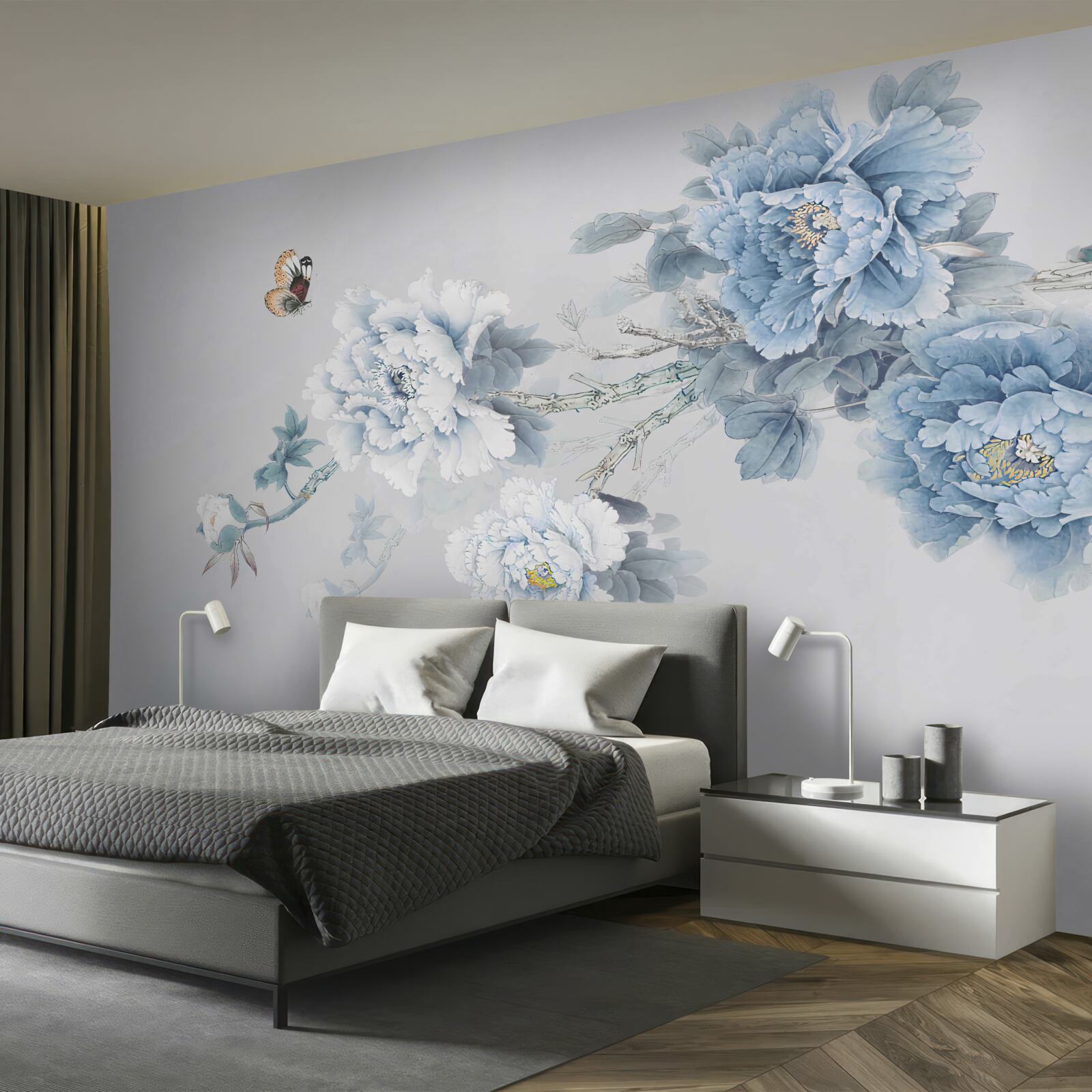 Фотошпалери метелик сидить біля гілок розквітлих квітів