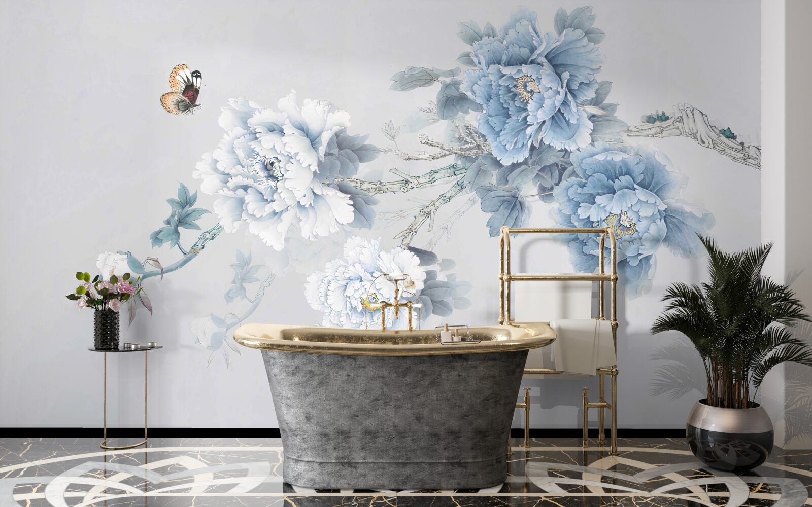 Фотошпалери метелик сидить біля гілок розквітлих квітів