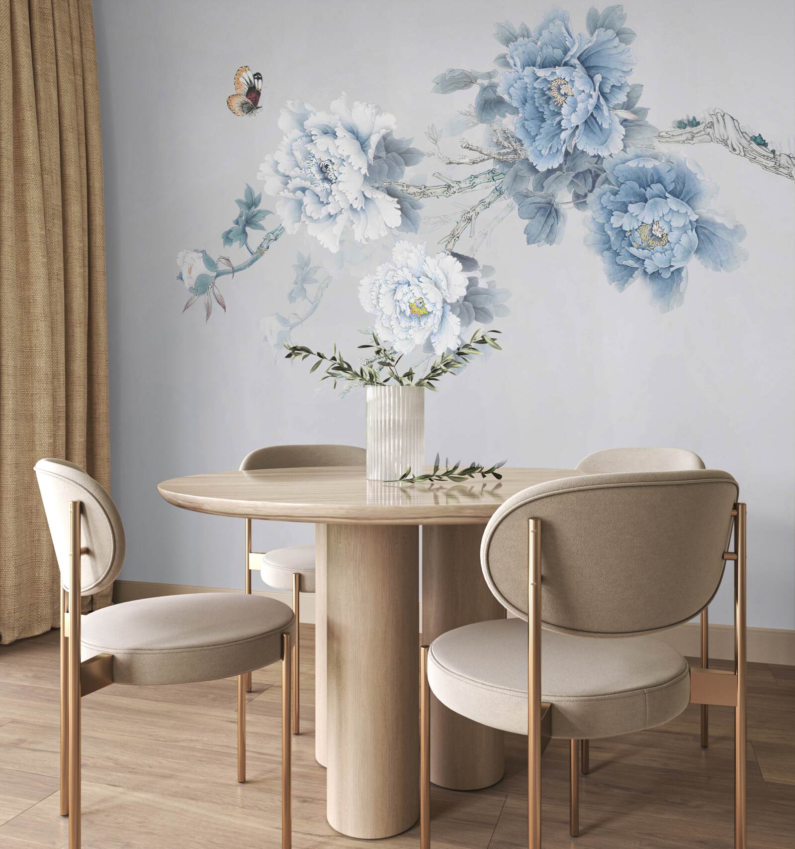 Фотошпалери бутони біло-блакитних квітів на сірому тлі