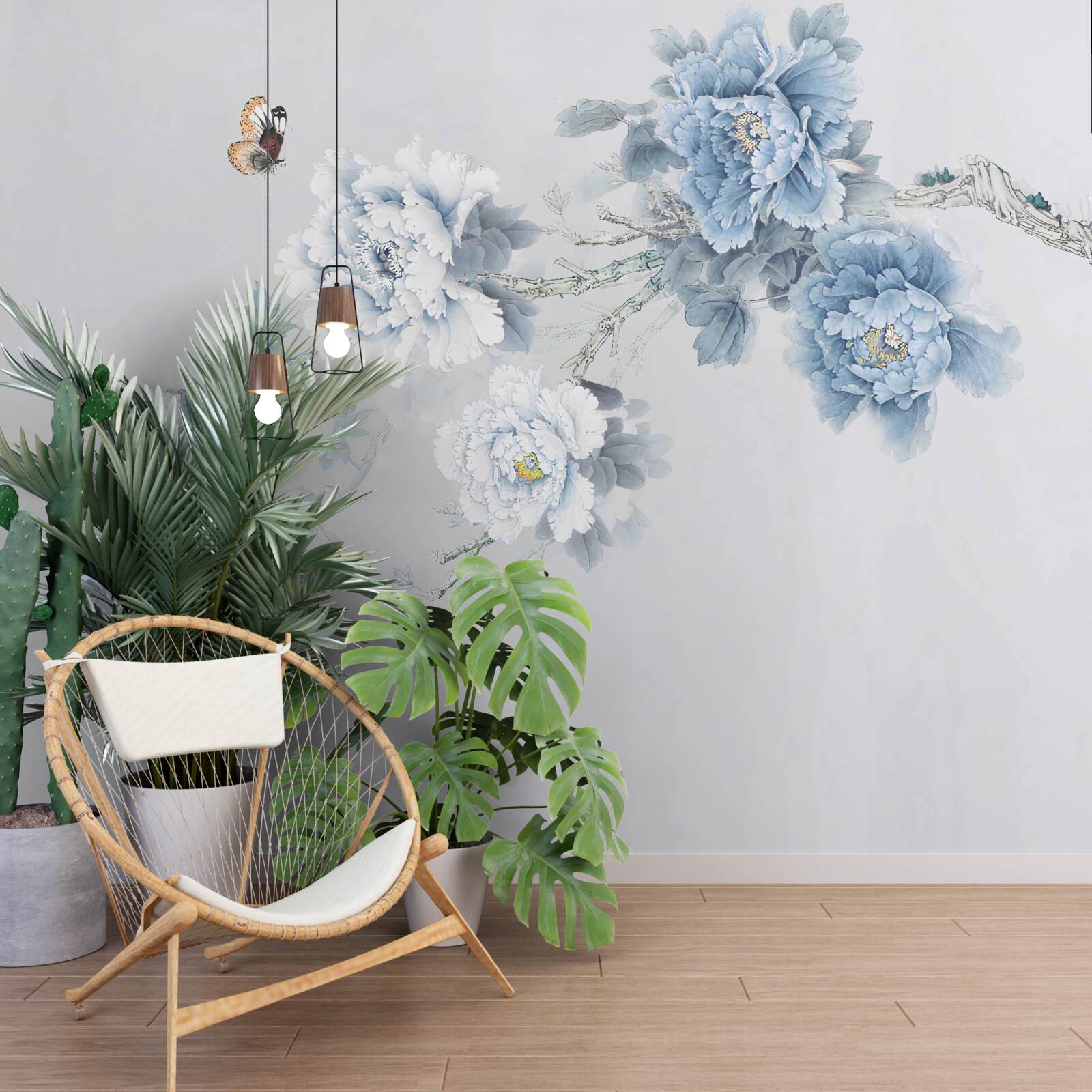 Фотошпалери бутони біло-блакитних квітів на сірому тлі