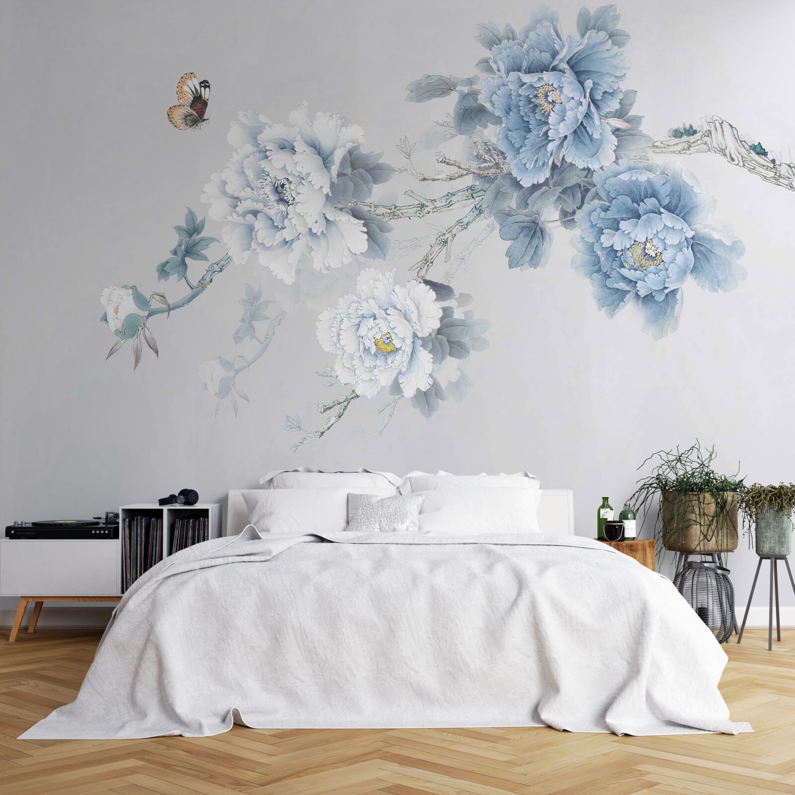 Фотошпалери бутони біло-блакитних квітів на сірому тлі