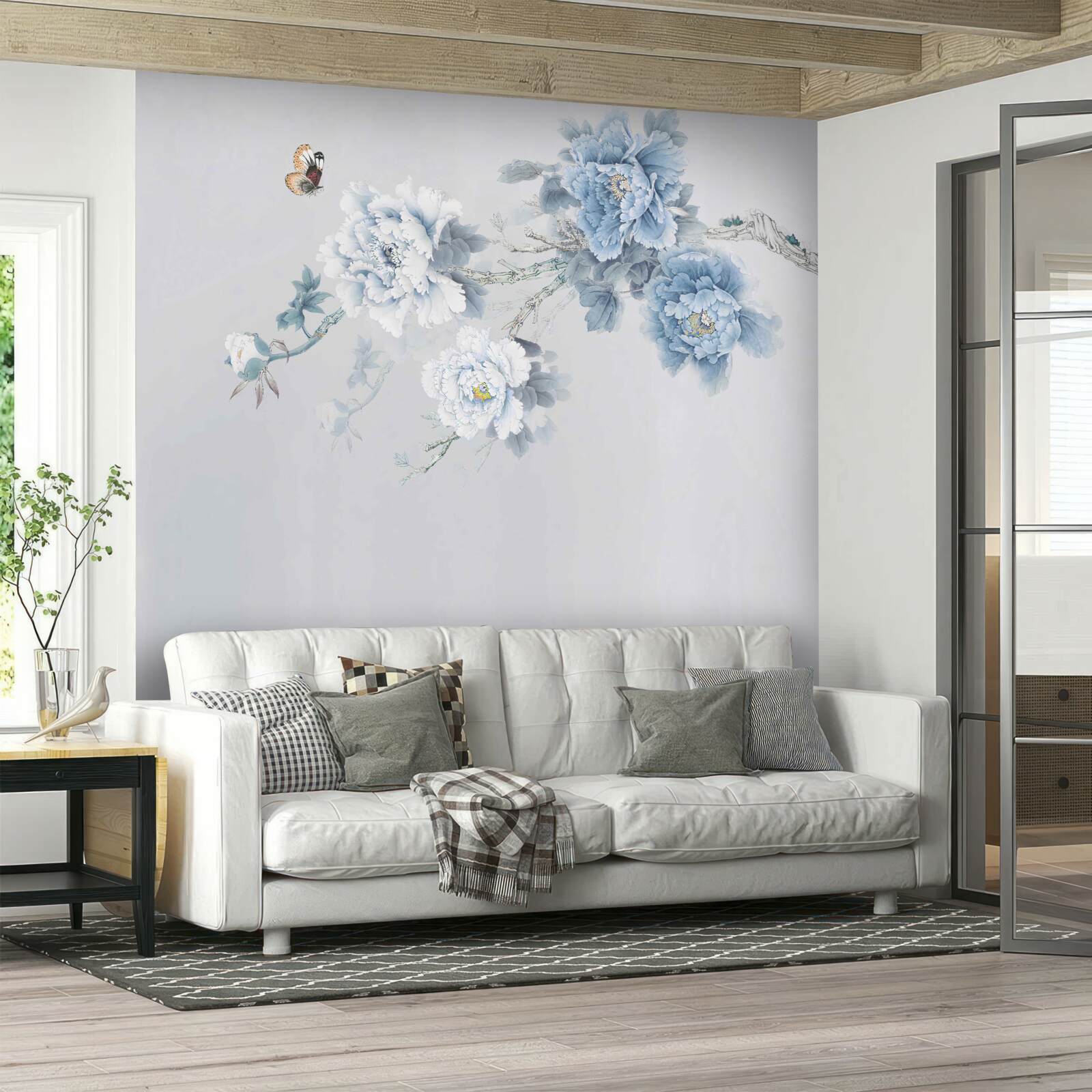 Фотошпалери бутони біло-блакитних квітів на сірому тлі