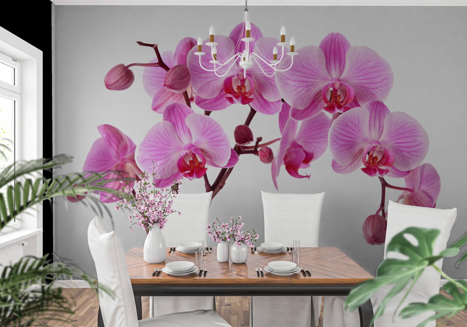 Фотошпалери рожева лілія на гілці на білому тлі