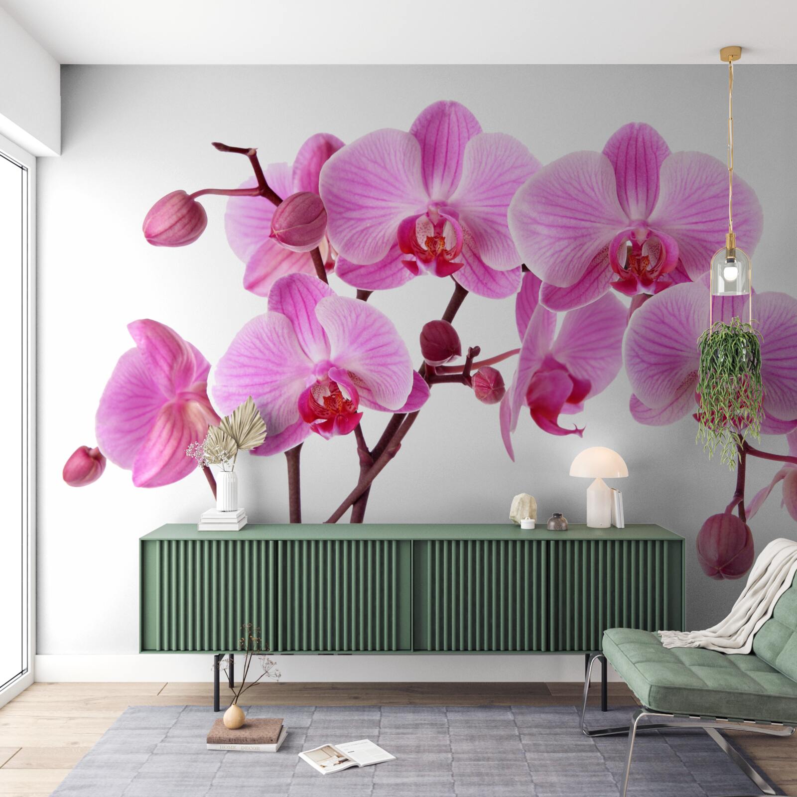 Фотошпалери рожева лілія на гілці на білому тлі