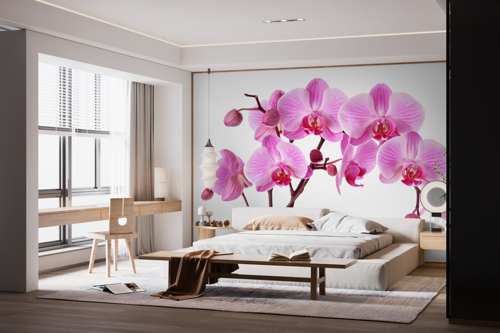 Фотошпалери рожева лілія на гілці на білому тлі