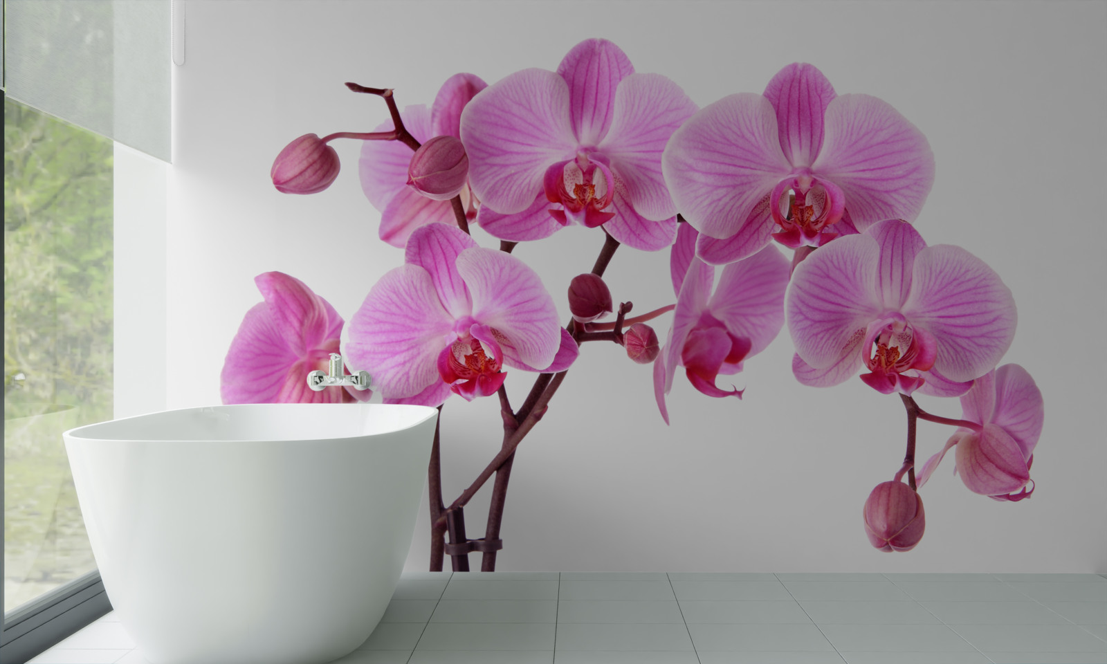 Фотошпалери рожева лілія на гілці на білому тлі