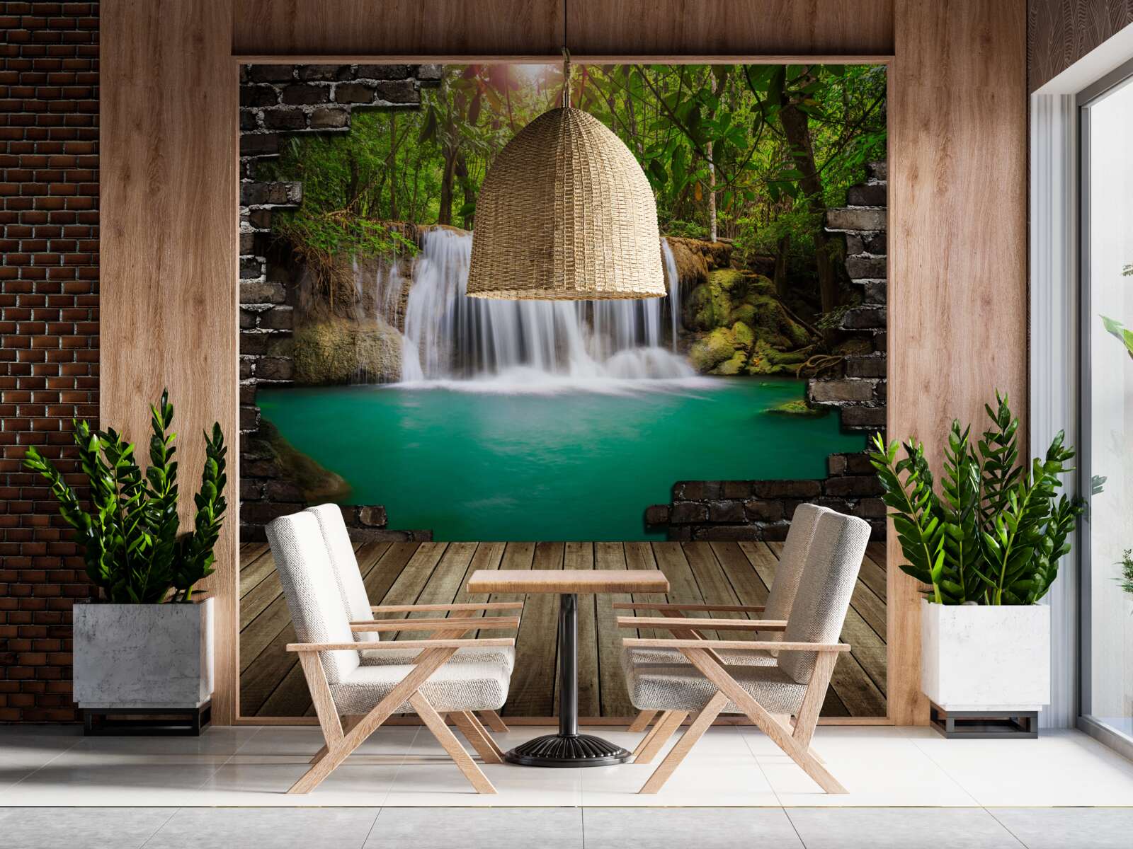 Фотошпалери водоспад, що каскадом спадає біля дерев'яного мосту