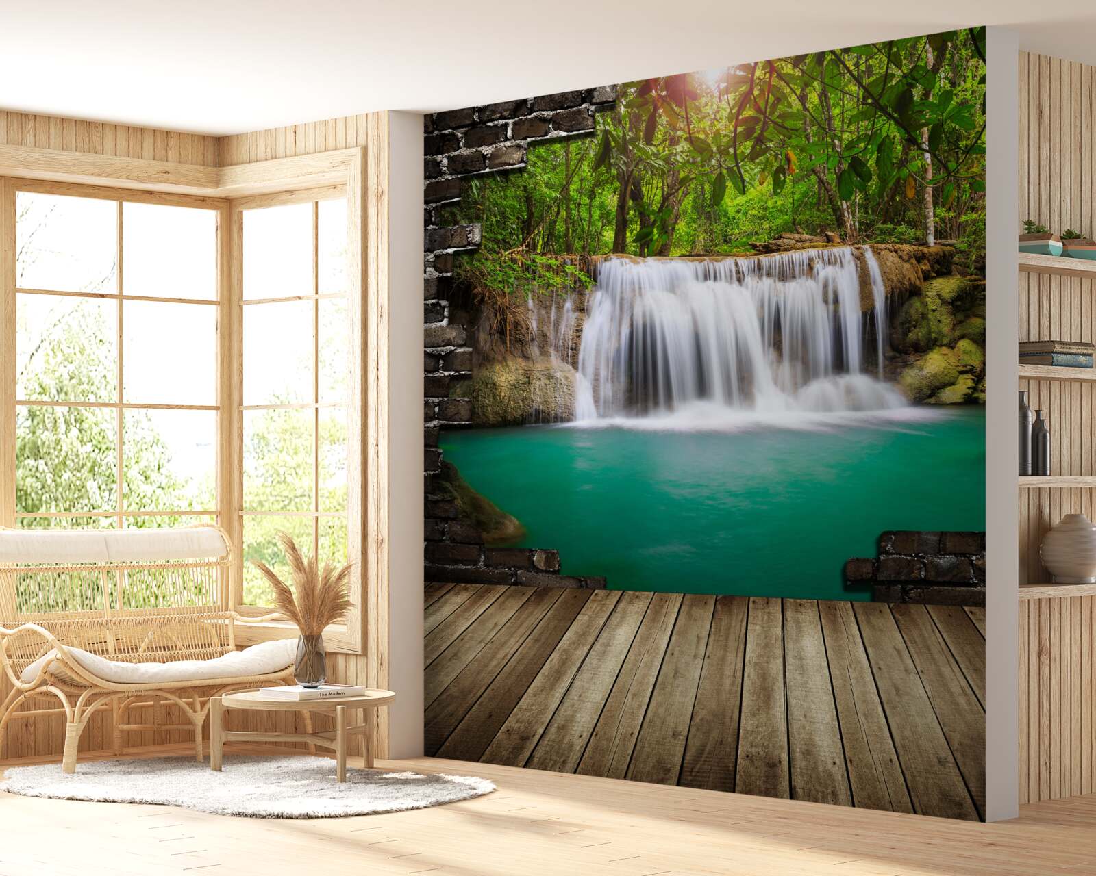 Фотошпалери водоспад, що каскадом спадає біля дерев'яного мосту