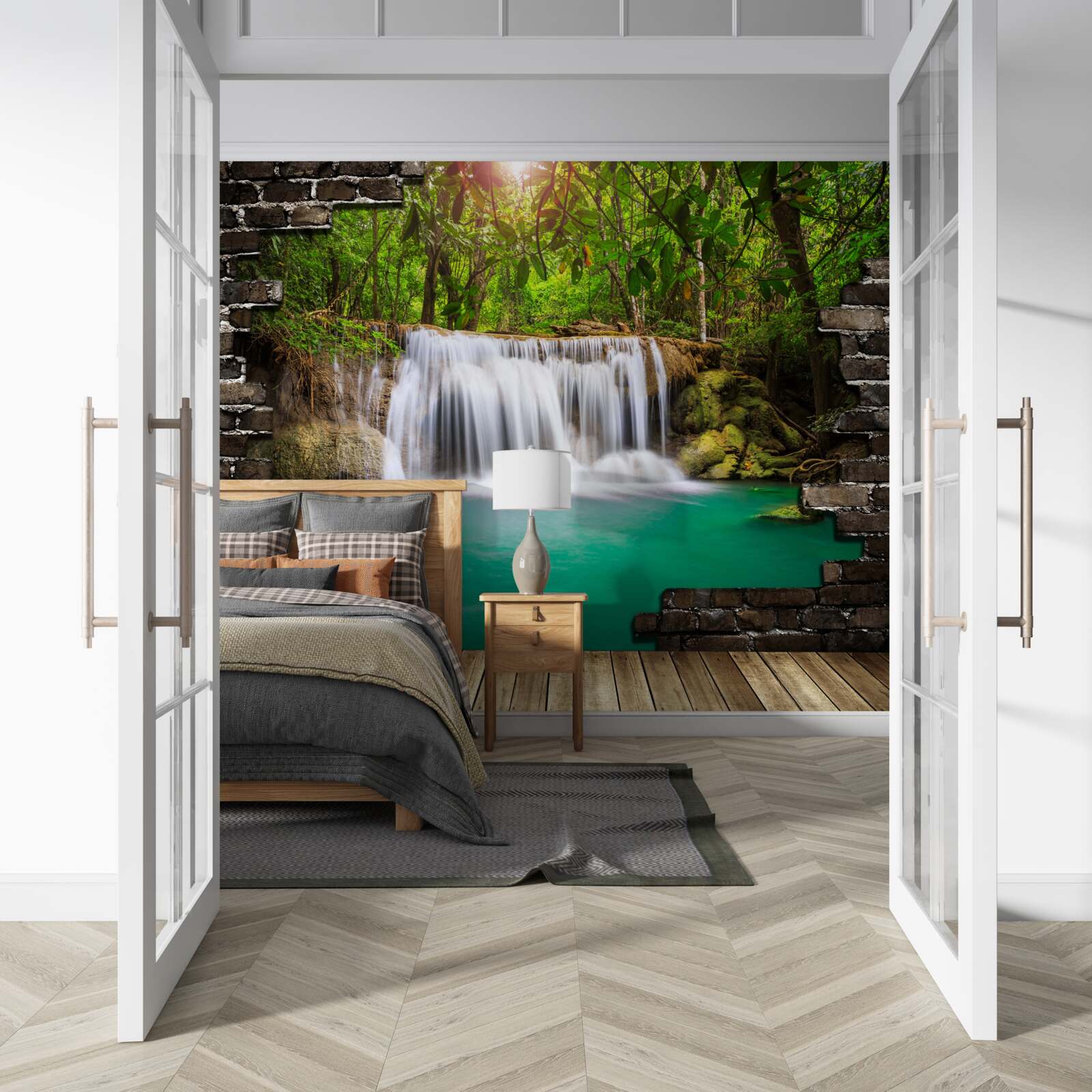 Фотошпалери водоспад, що каскадом спадає біля дерев'яного мосту