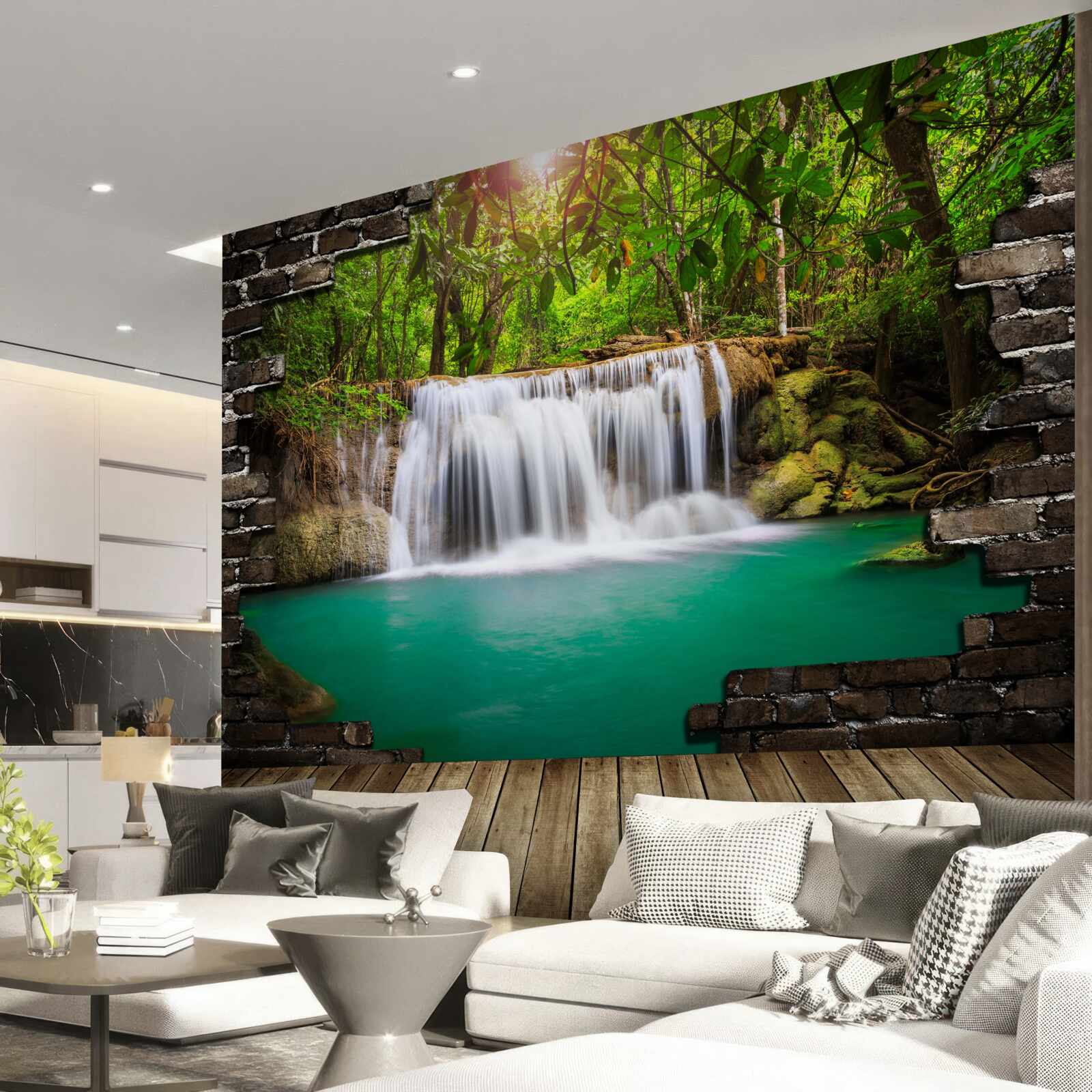 Фотошпалери водоспад, що каскадом спадає біля дерев'яного мосту