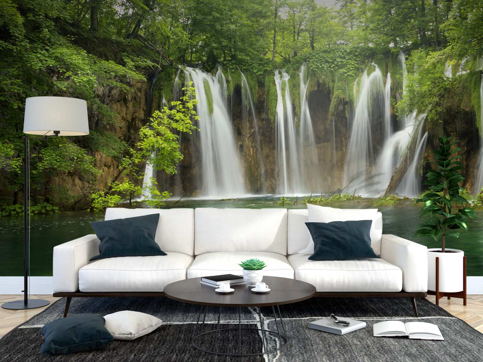 Фотошпалери вода швидко тече в ущелину посеред гірського лісу