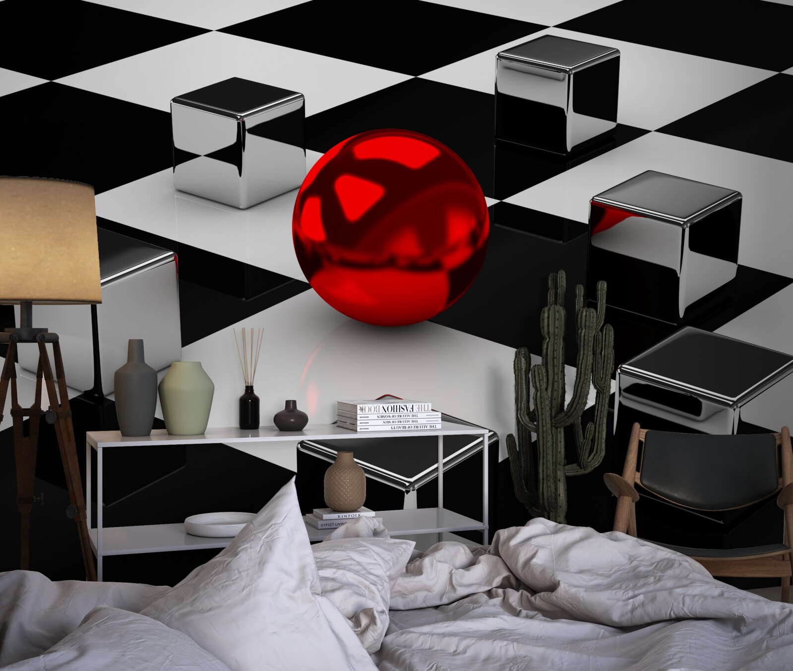 Фотошпалери дзеркальні прямокутники та червона куля