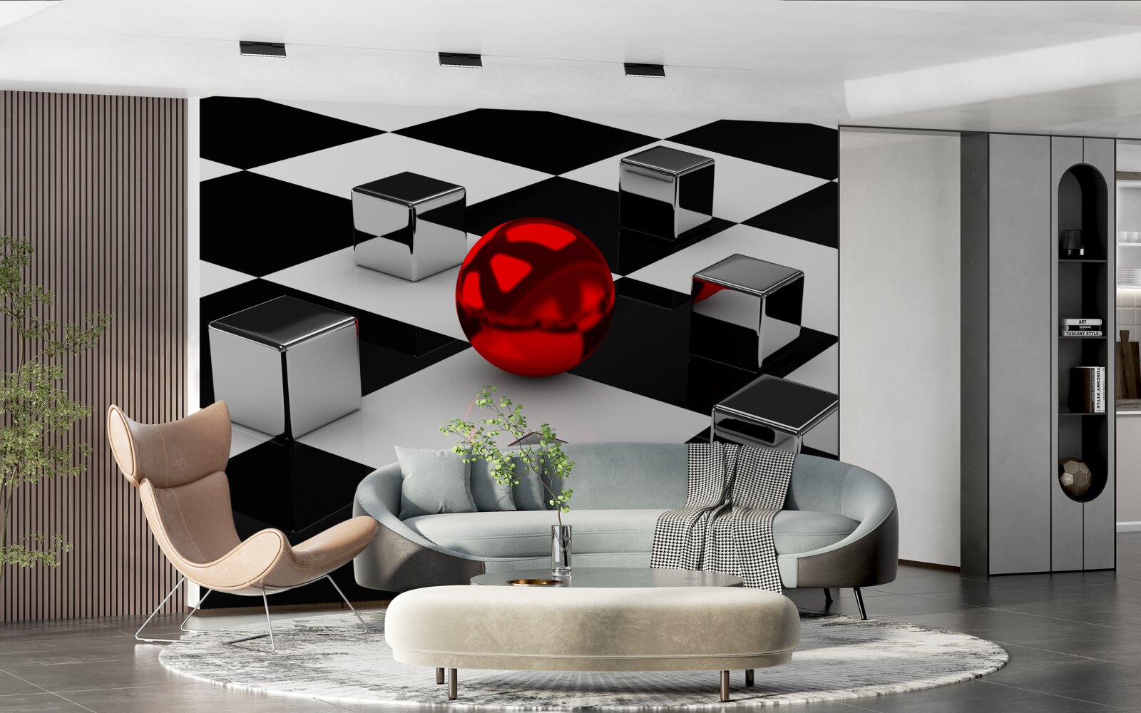 Фотошпалери дзеркальні прямокутники та червона куля
