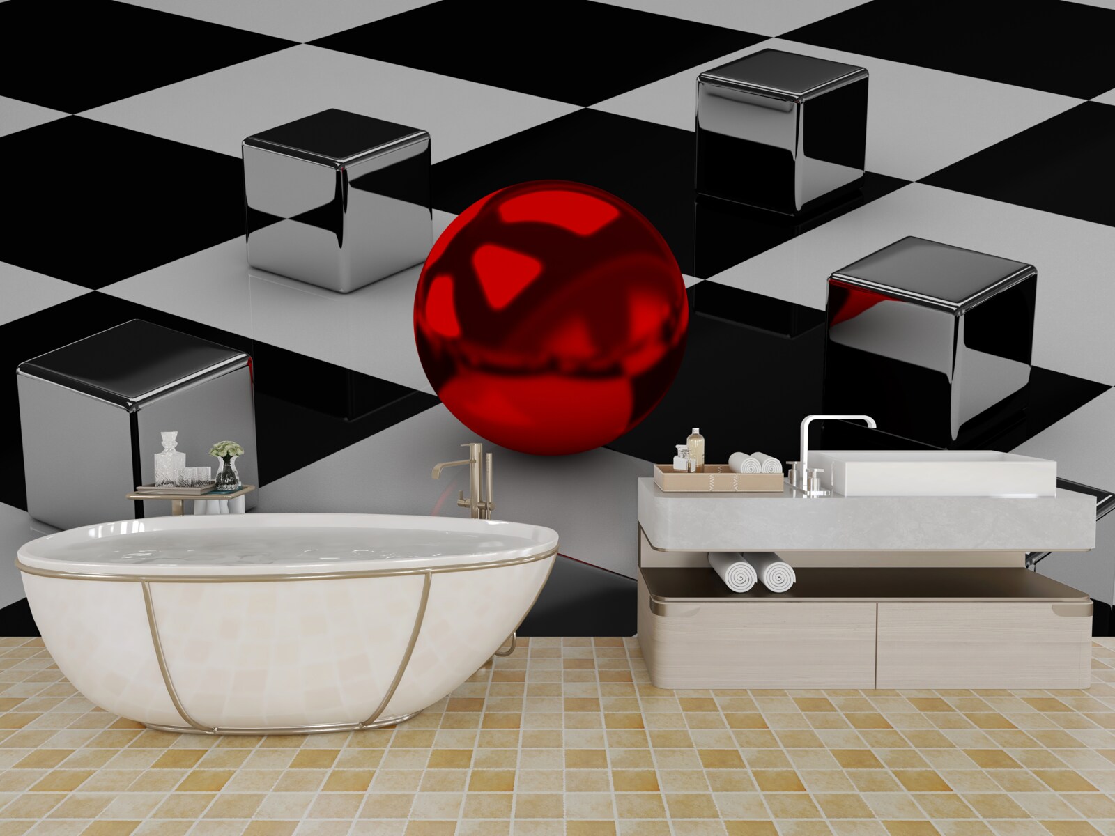 Фотошпалери дзеркальні прямокутники та червона куля