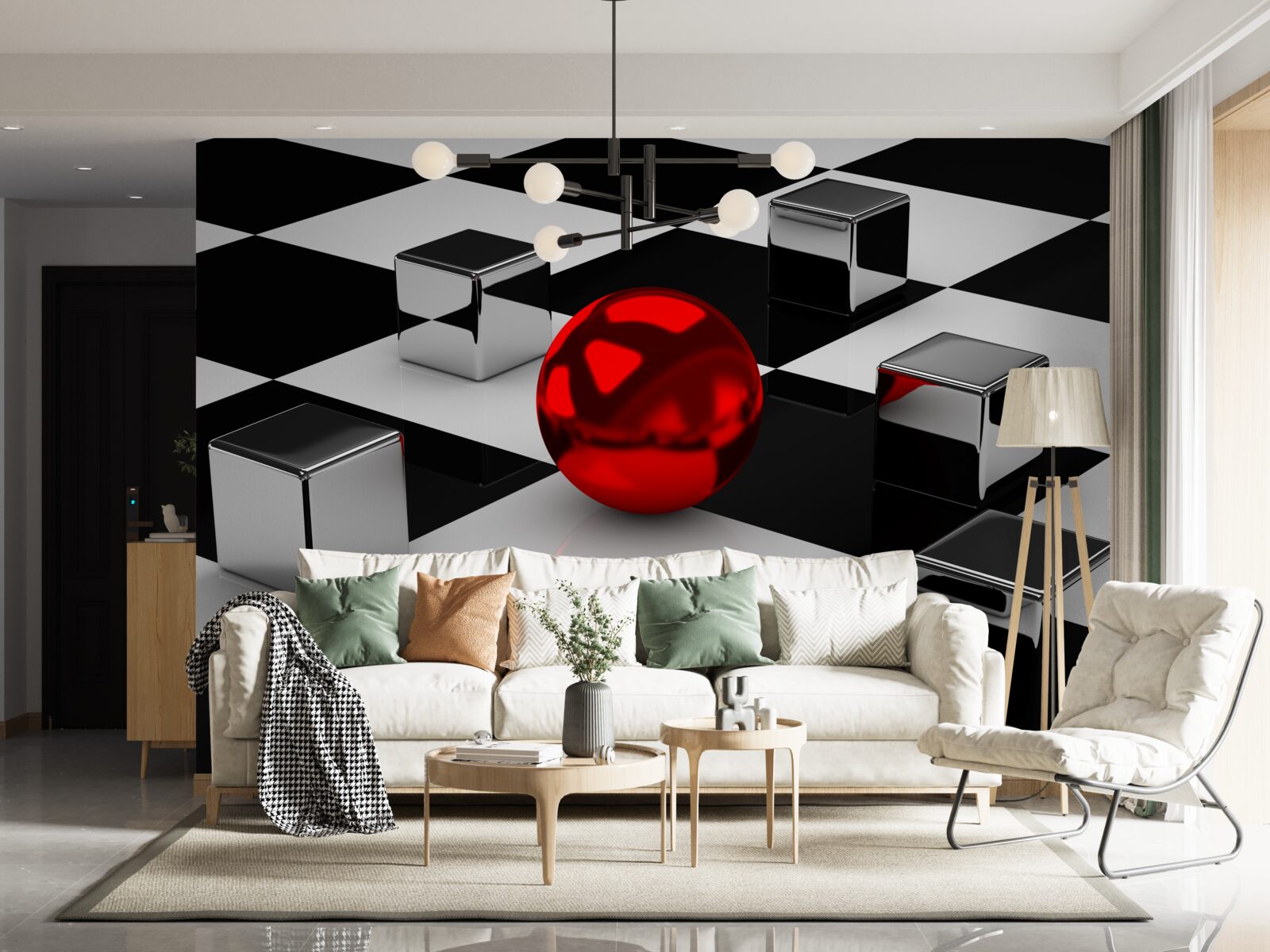 Фотошпалери дзеркальні прямокутники та червона куля