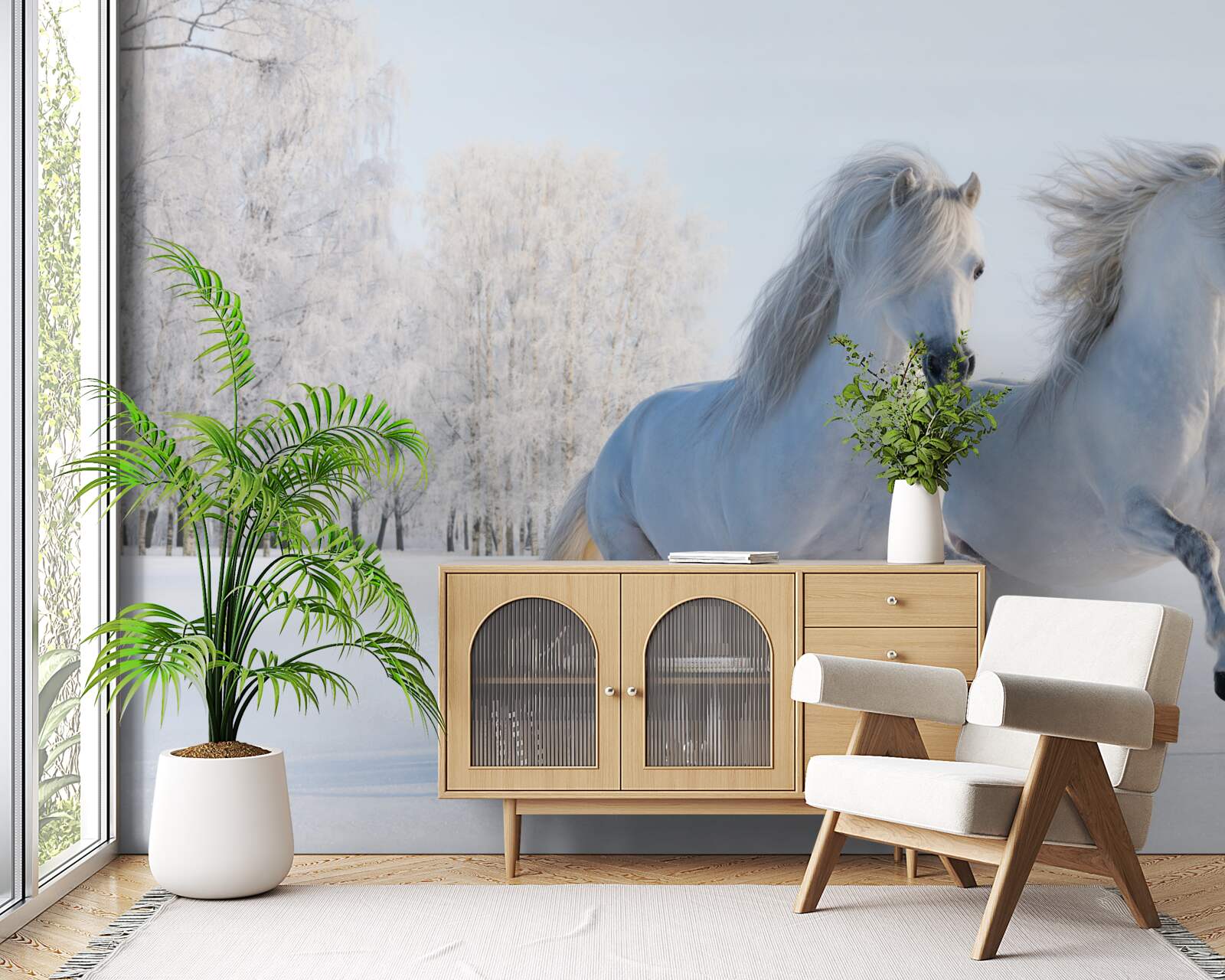 Фотошпалери двоє коней скачуть по снігу