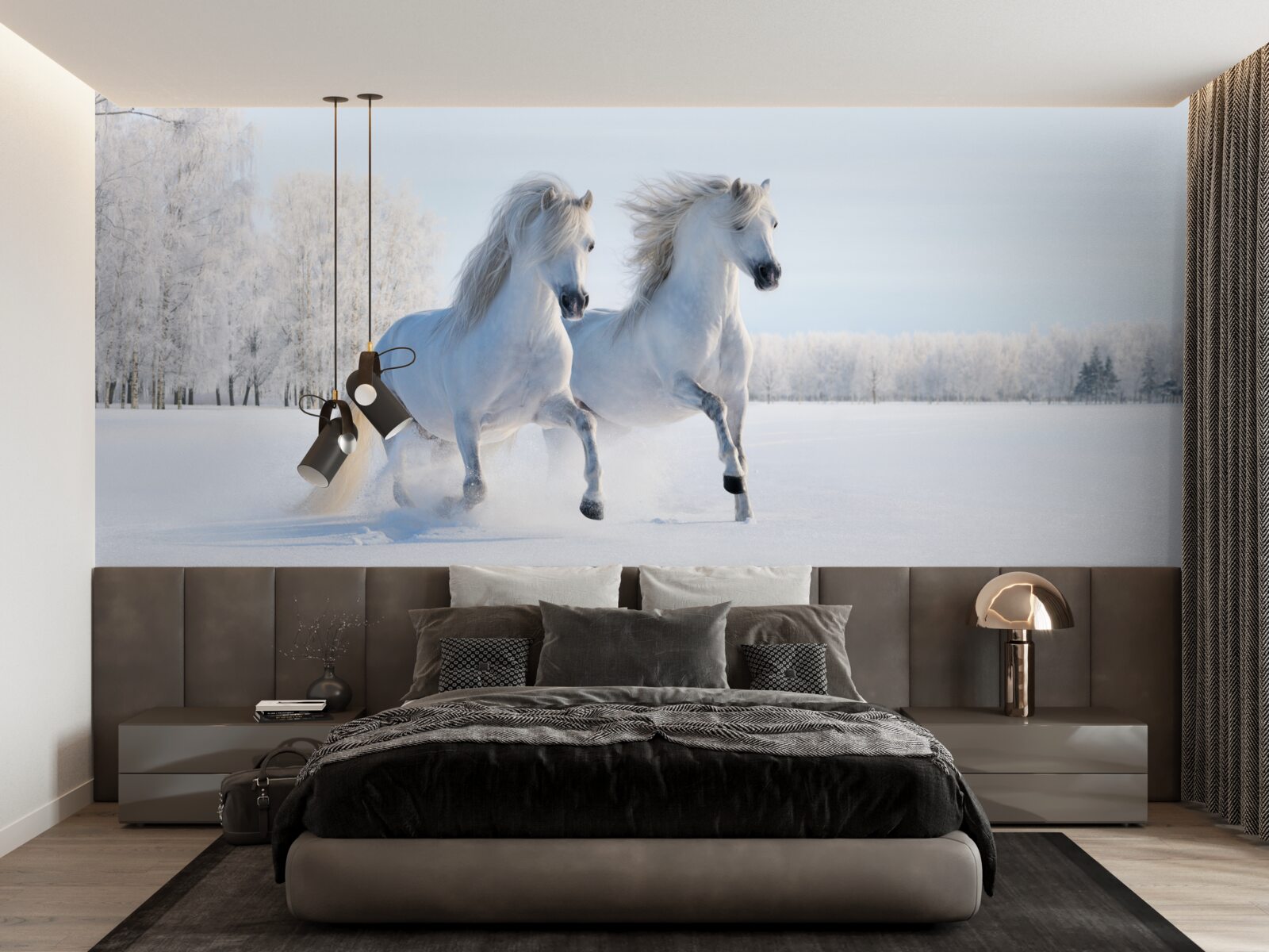 Фотошпалери двоє коней скачуть по снігу
