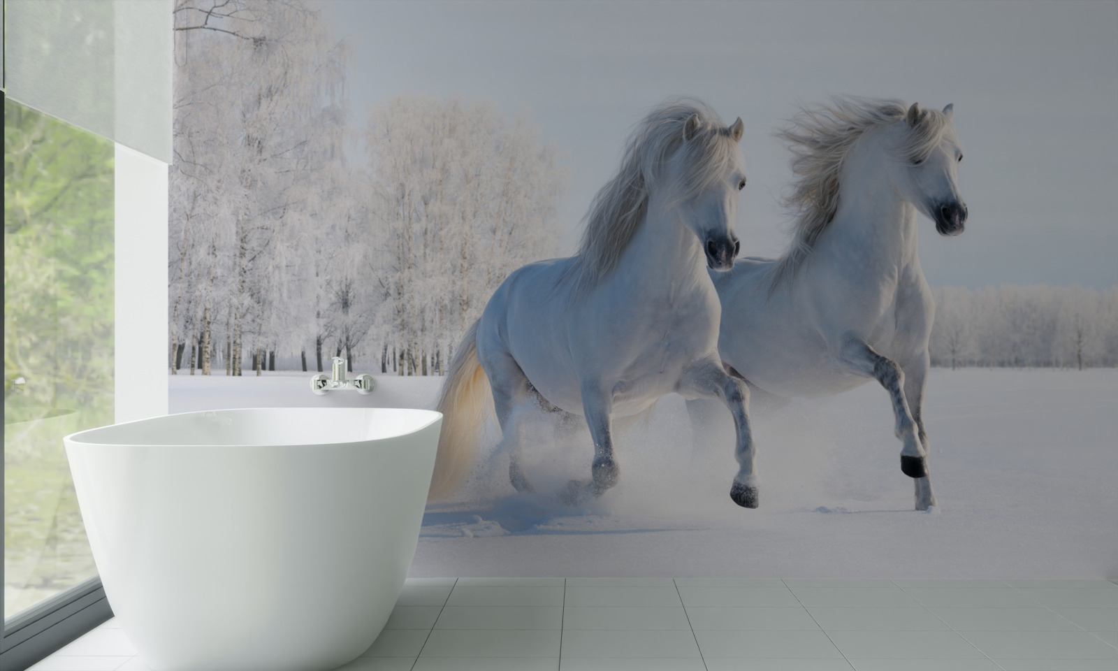 Фотошпалери двоє коней скачуть по снігу