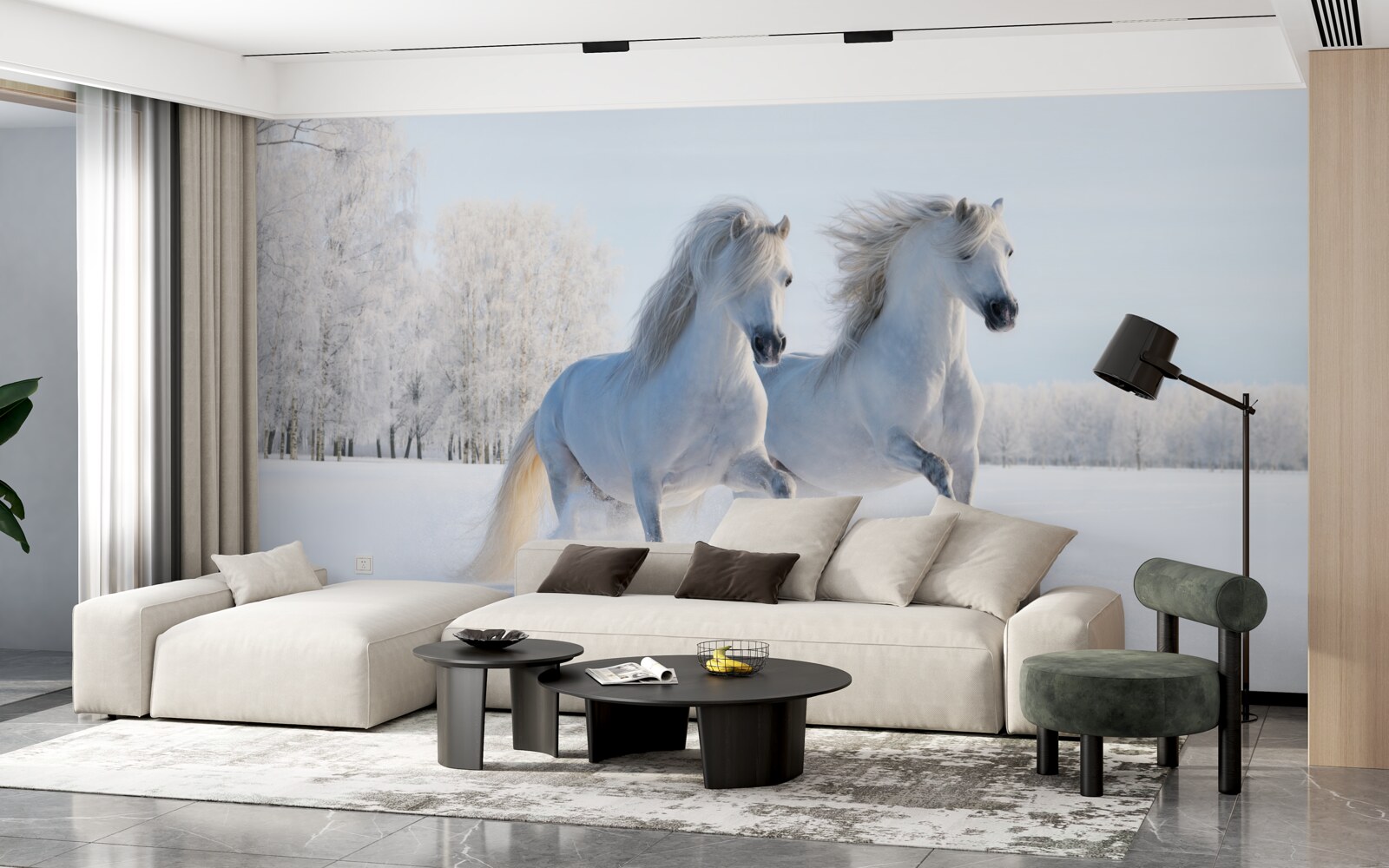 Фотошпалери двоє коней скачуть по снігу